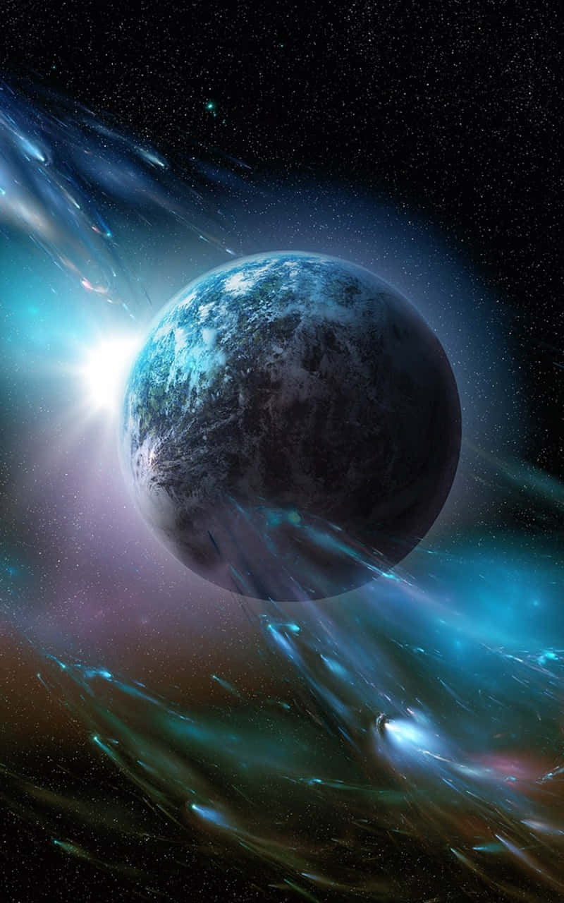 一顆藍色行星被發光的宇宙星雲環繞，背景有星星。