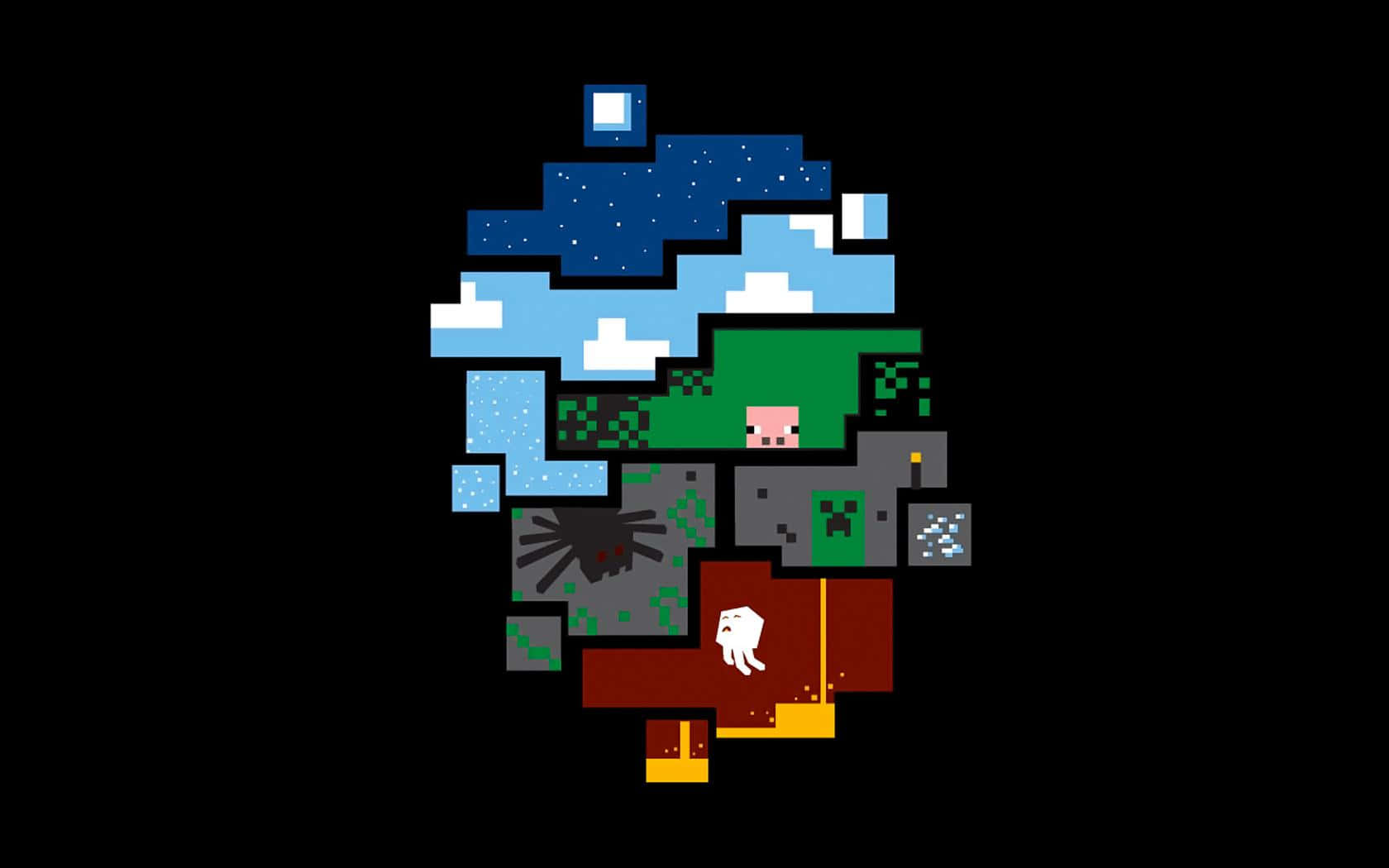 由方塊和生物組成的像素藝術Minecraft角色，黑色背景