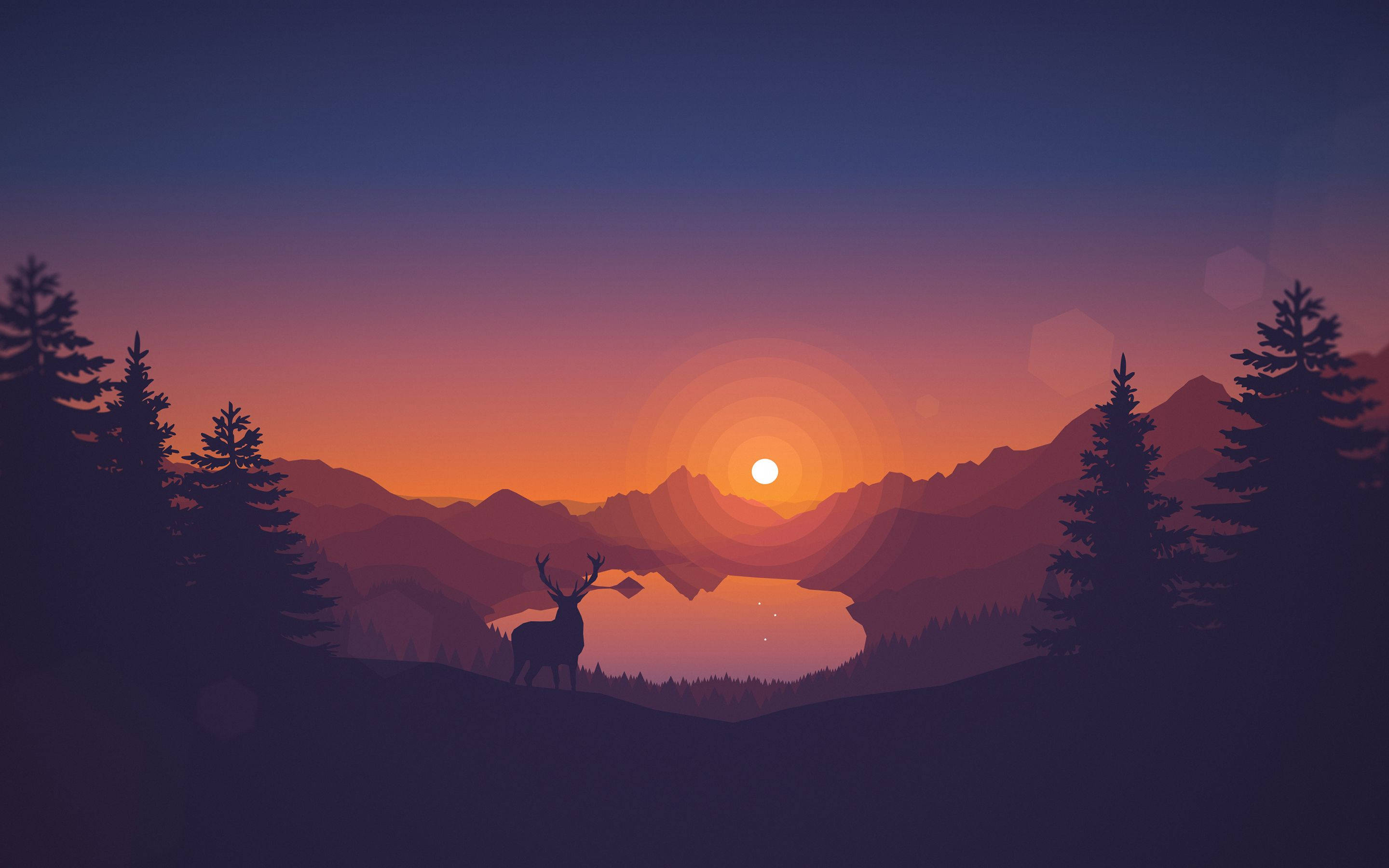 湖景向量藝術 壁紙 — 一隻剪影雄鹿站在日落時分的寧靜湖泊前，背景是層疊的山脈和松樹，天空呈現漸變色。