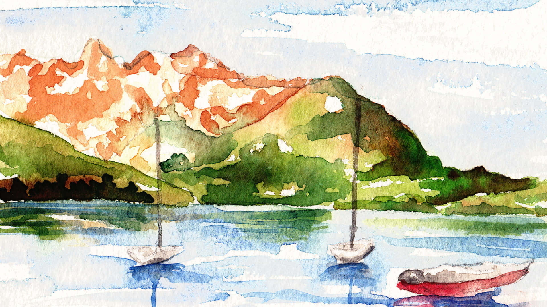 湖上的帆船和皮划艇，以山脈為背景