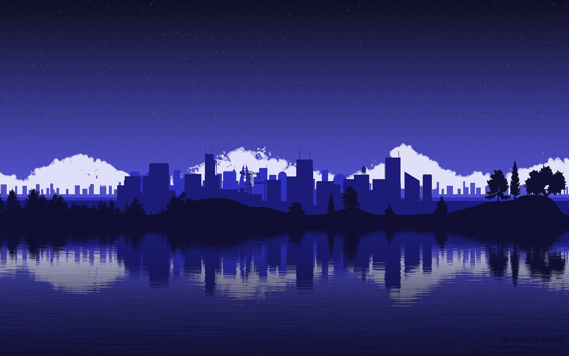 夜空下城市天際線倒映在水中