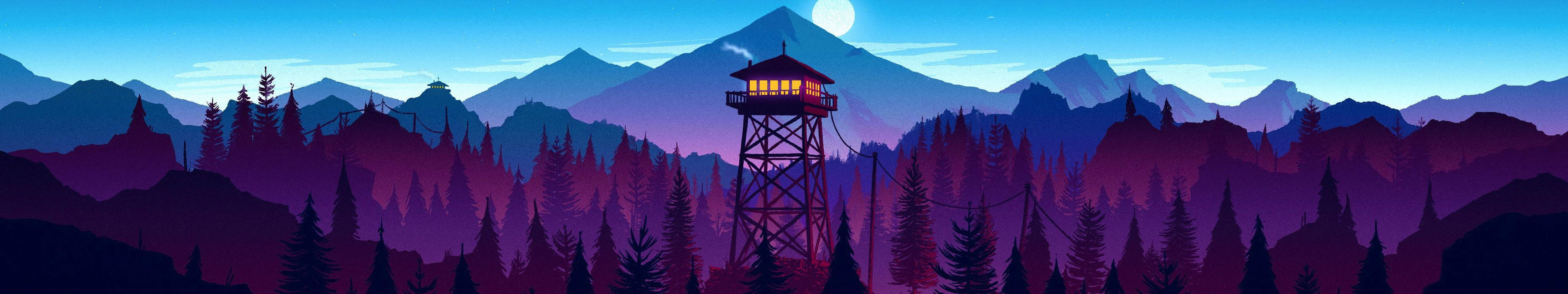 防火瞭望塔在紫色山林中夜間滿月下發光