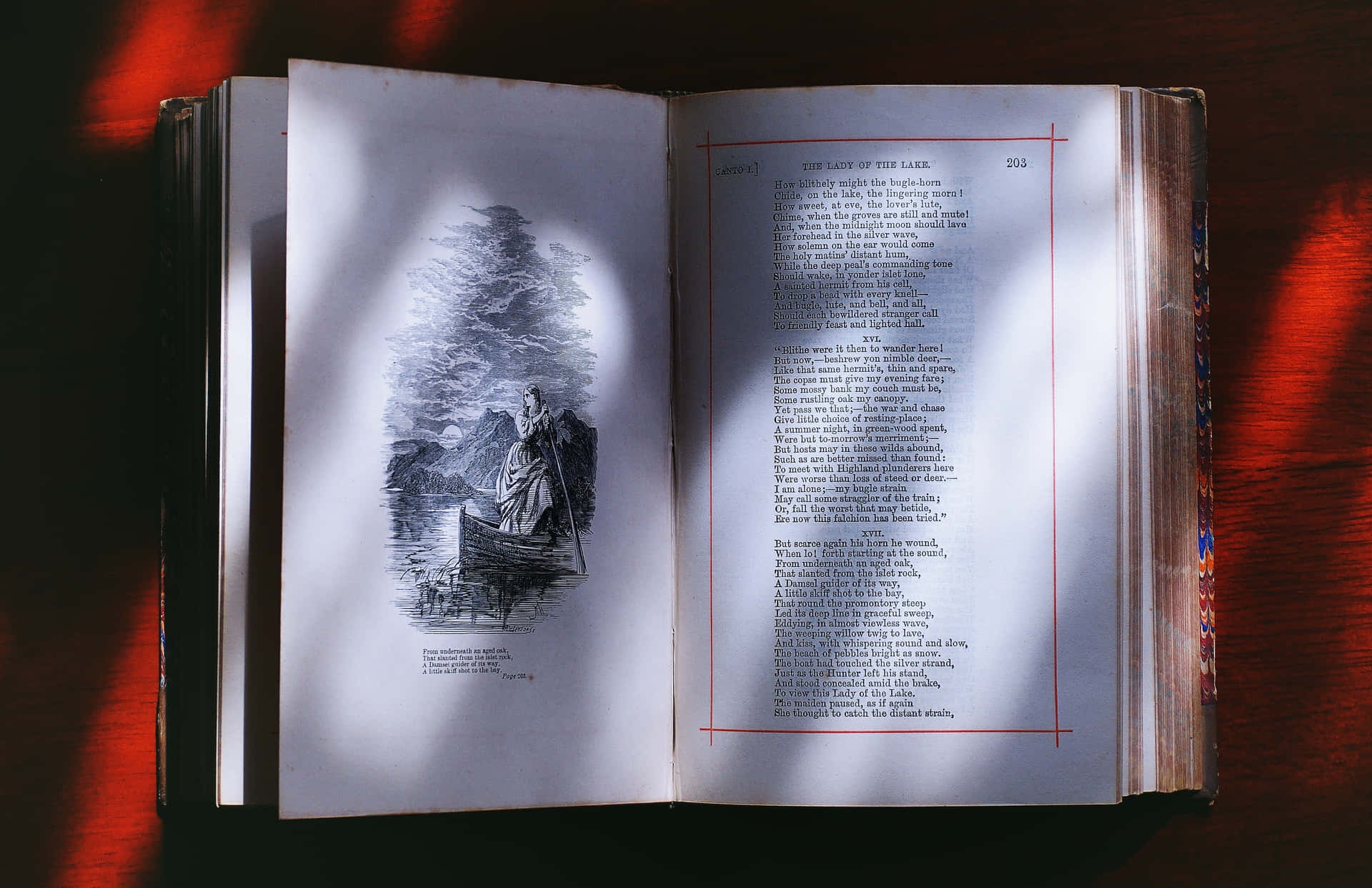 打開的復古書籍，插圖為女士在湖上小船，發光紅色背景。