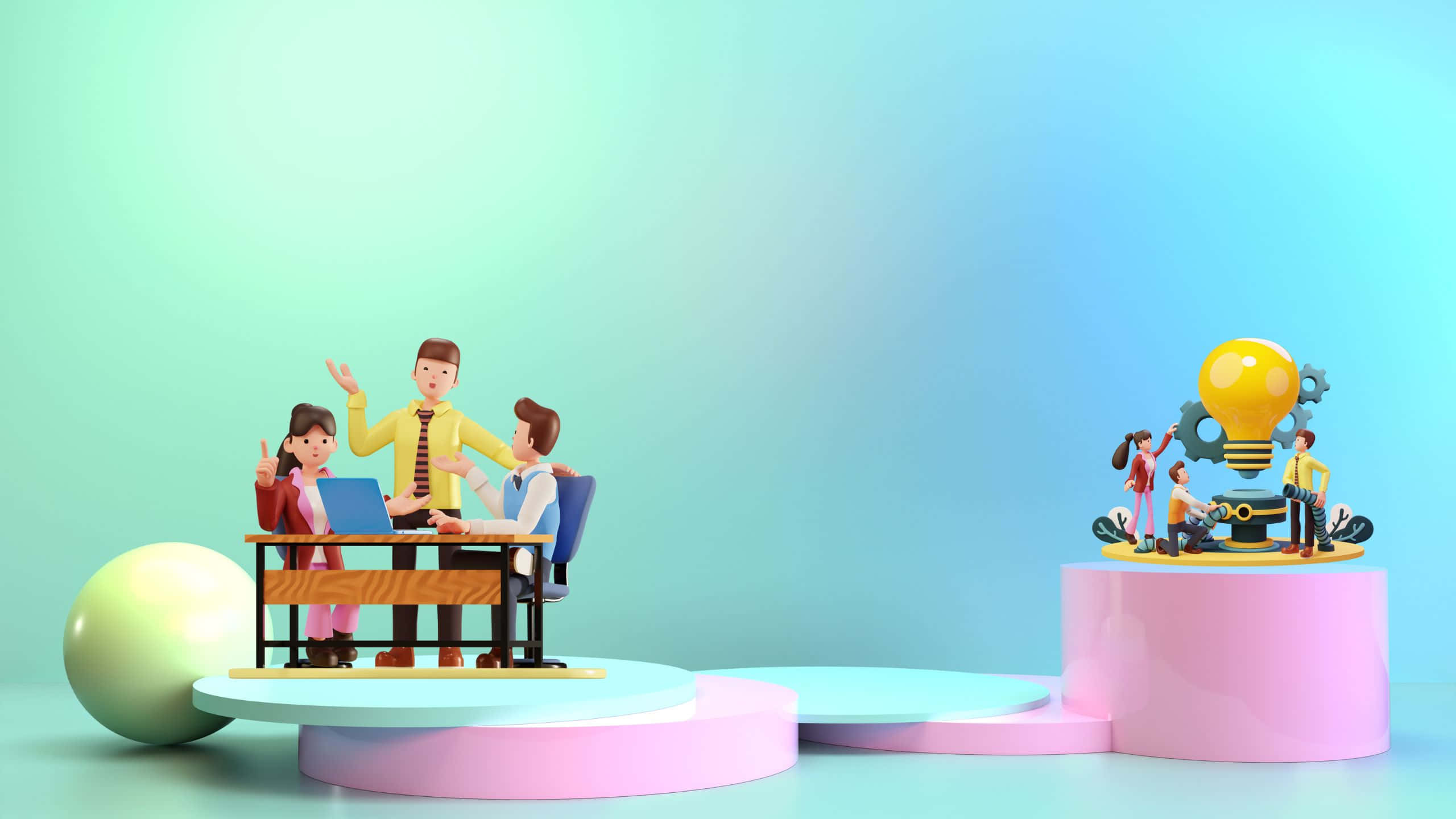 湖畔寧靜日出 壁紙 — 風格化的3D渲染微型人物在色彩繽紛的平台上圍繞桌子協作，並在巨型燈泡附近進行頭腦風暴。