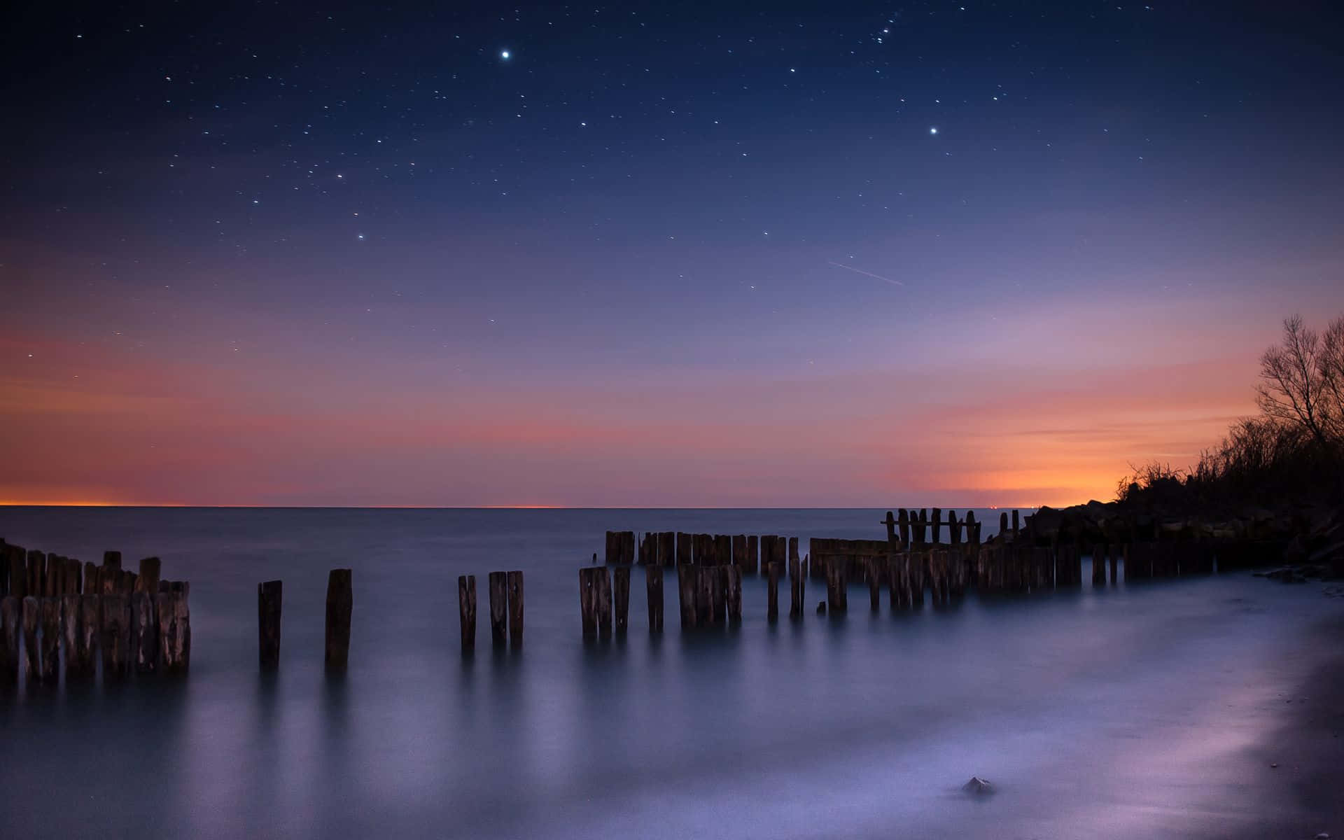 星空下帶有木樁的暮色海景