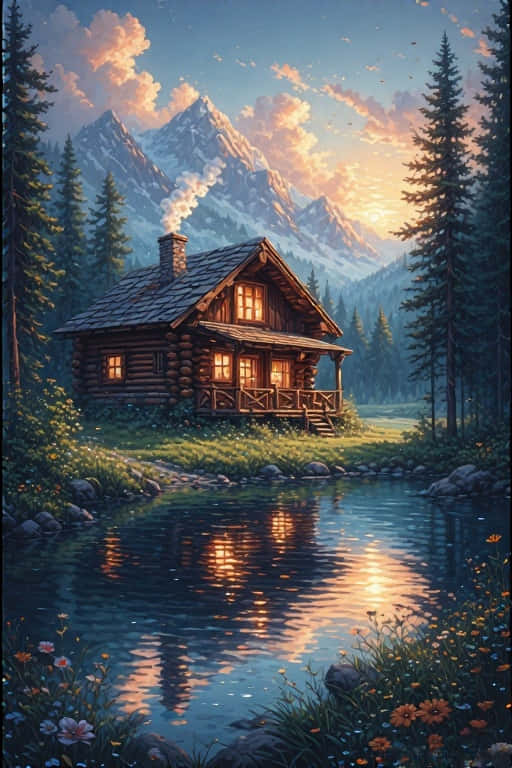 湖邊舒適木屋，日落時分山巒倒影