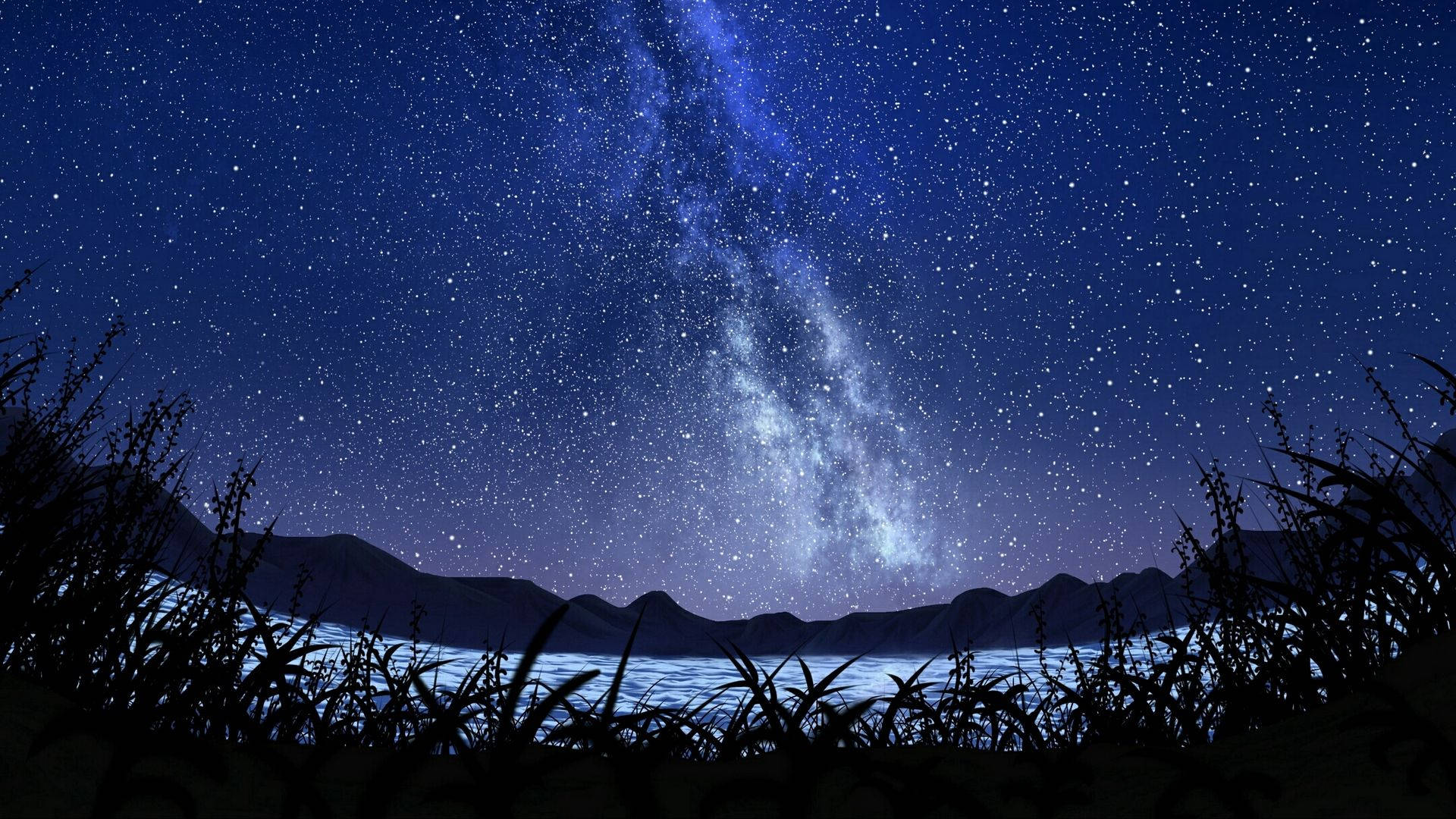 夜晚山湖上空的銀河系，帶有草剪影