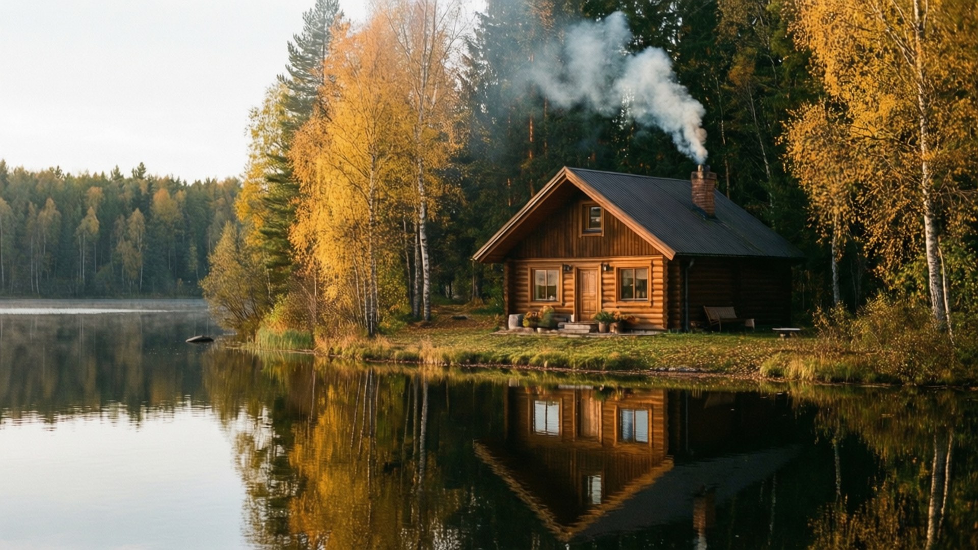 湖邊小屋 壁紙 — 寧靜湖邊的一間舒適木屋，秋天的樹木倒映在水中，煙囪升起裊裊炊煙。