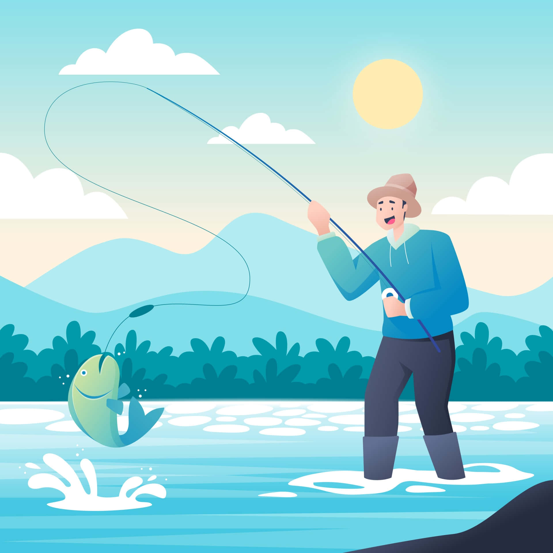 湖邊釣客與釣竿 壁紙 — 一位開心的漁夫在晴朗的天空下，於明亮的藍色河流中拉起一條微笑的魚，遠方有山巒。