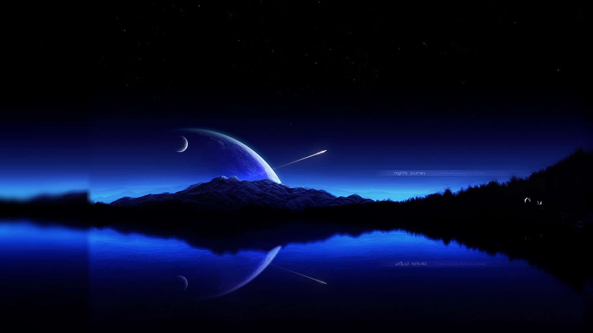 外星景觀，夜晚平靜的湖面反射出發光的藍色行星和月亮。