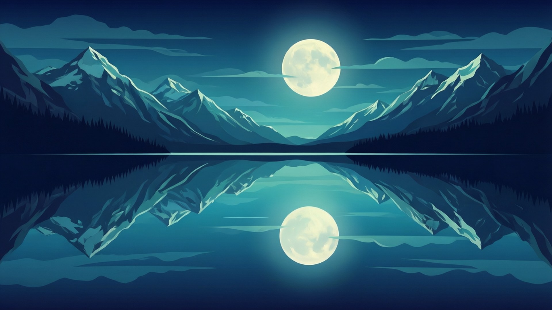 以SVG風格創作的向量藝術壁紙，描繪滿月倒映於湖面的靜謐景象。