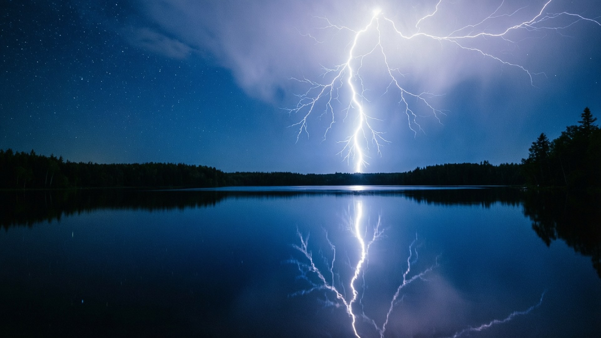 湖面閃電倒影 壁紙 — 一道明亮的閃電劃破繁星點點的夜空，映照在平靜的湖面上，反射出電光與周圍的森林。
