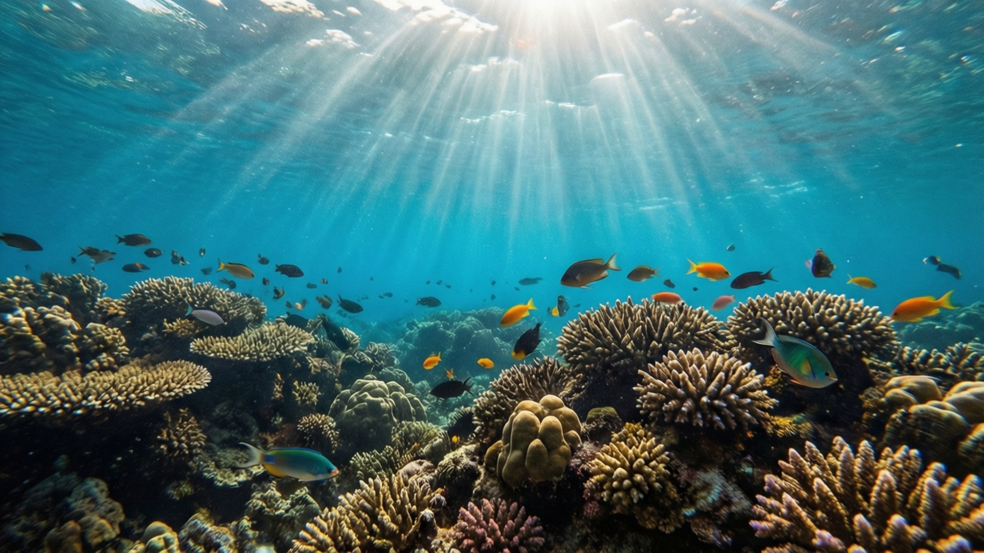 陽光穿過海水，照射在珊瑚礁上，魚群游動。