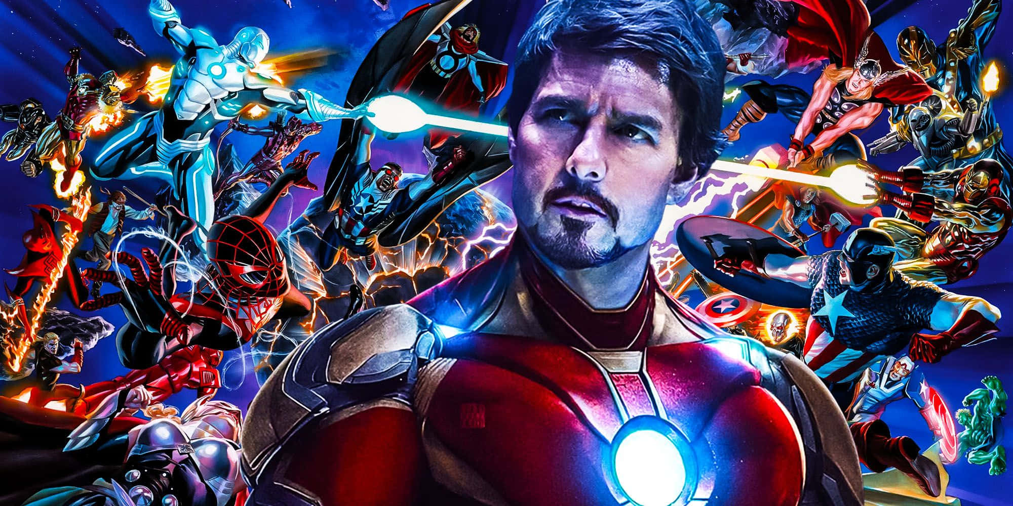 Secret Wars 桌布 壁紙 — 湯告魯斯穿著鐵甲奇俠裝甲向前凝視，一個充滿活力的超級英雄和科幻角色拼貼在他周圍爆炸，背景是宇宙。
