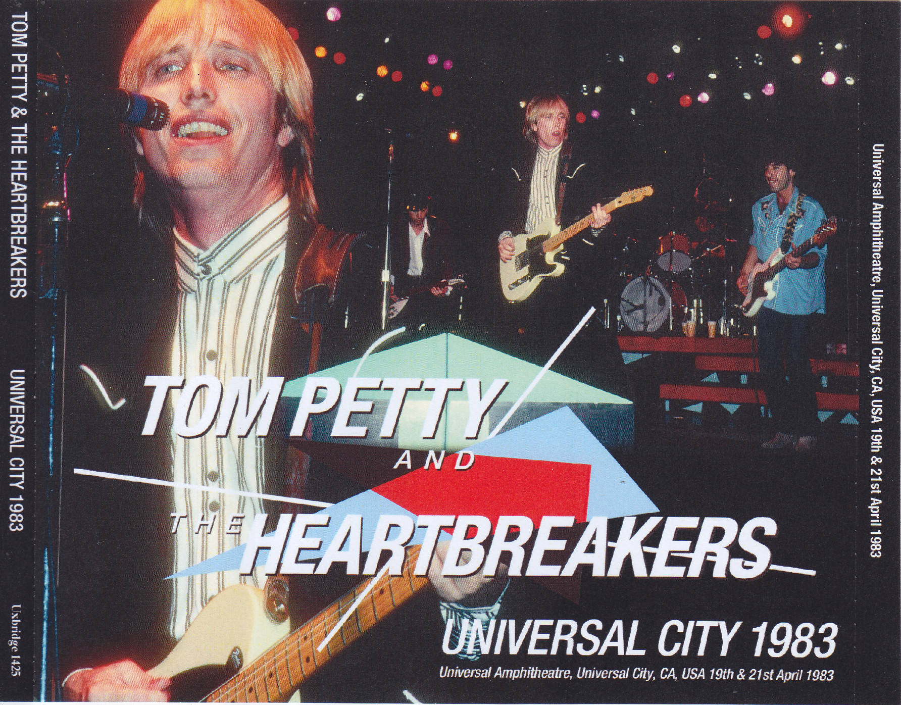 Tom Petty and The Heartbreakers 在彩色燈光下現場表演，使用結他和鼓。