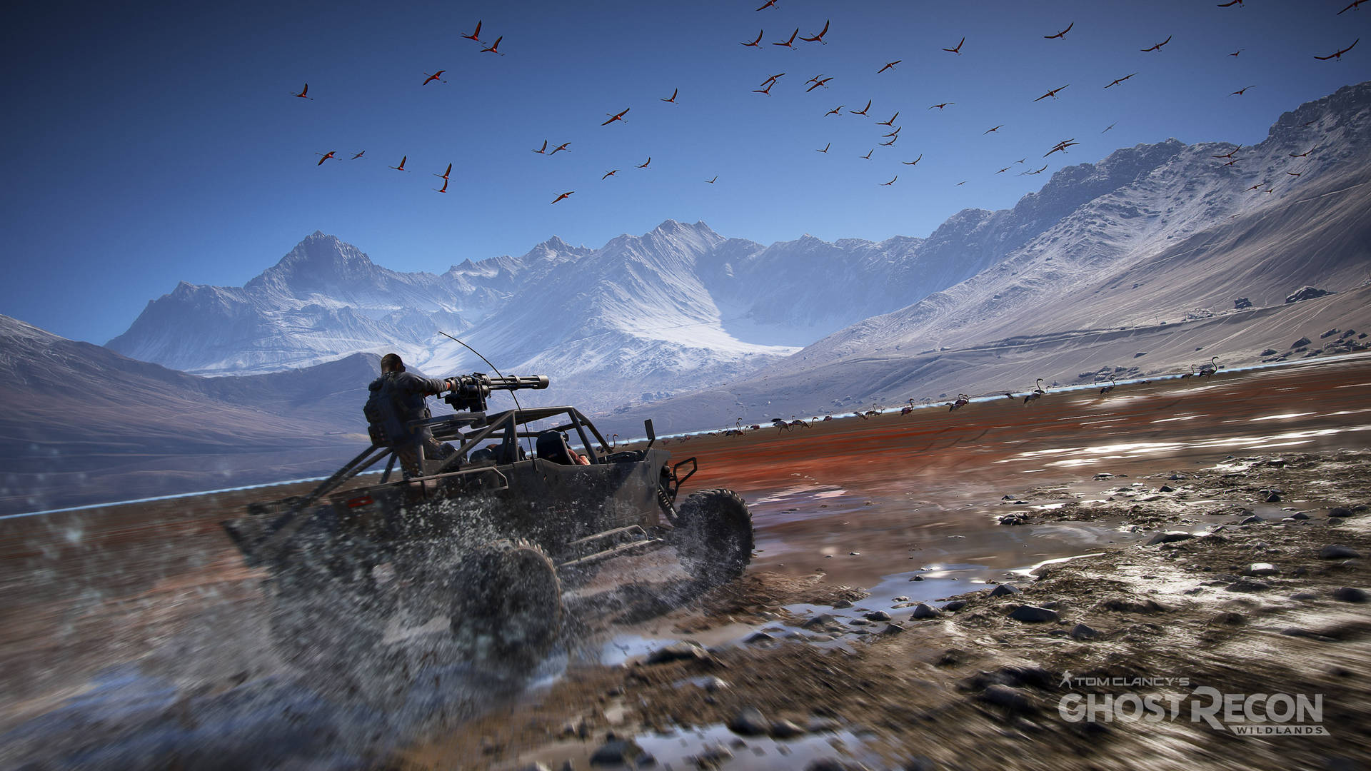 士兵駕駛越野車穿過泥濘地形，背景有雪山和天空中的鳥兒。