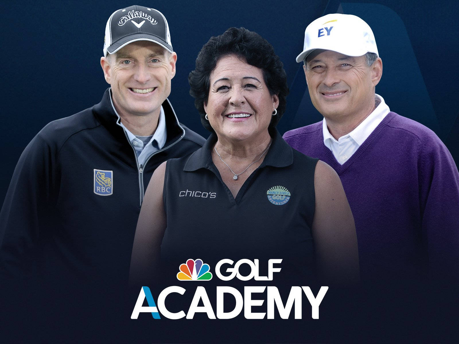 三位面帶微笑的高爾夫球手穿著品牌服裝，為Golf Academy宣傳照擺姿勢。