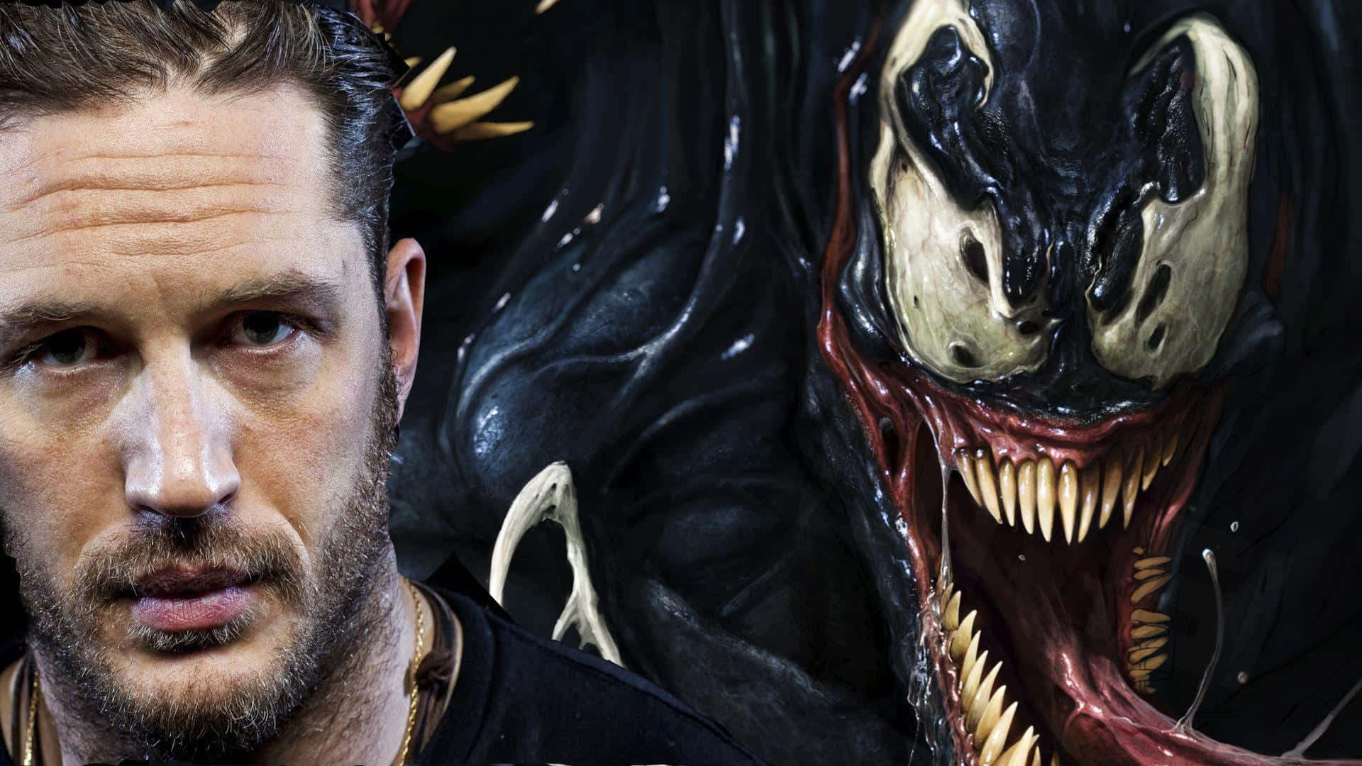 Tom Hardy Venom 桌布 壁紙 — 湯姆·哈迪喺充滿威脅、牙齒尖銳、眼睛發光同利爪嘅毒液共生體旁邊，專注地凝視。