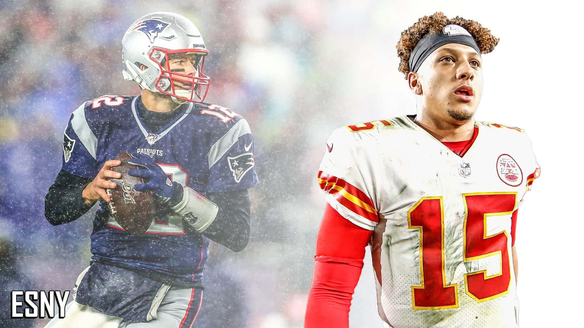 兩位NFL四分衛身穿比賽制服，一位身穿愛國者隊裝備，另一位身穿酋長隊裝備，兩人都正在比賽中。