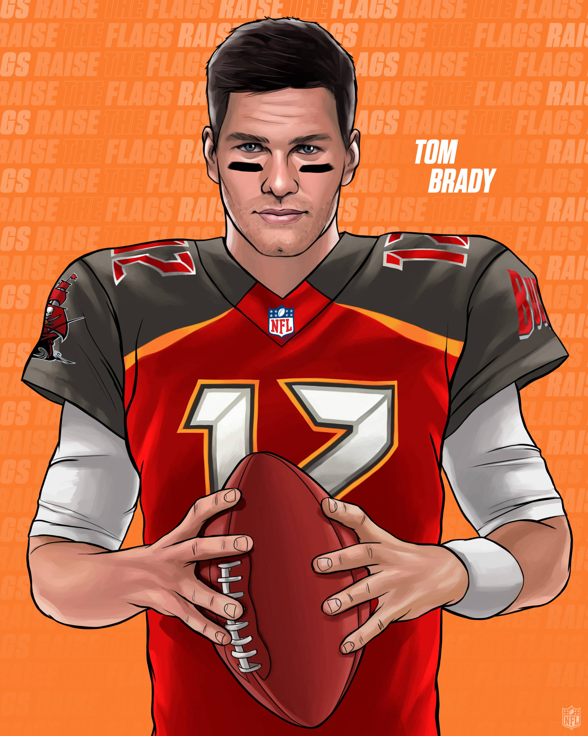 湯姆·布雷迪向量藝術插圖 壁紙 — Tom Brady 身穿坦帕灣海盜隊球衣，手持橄欖球，背景為橙色，帶有重複文字。