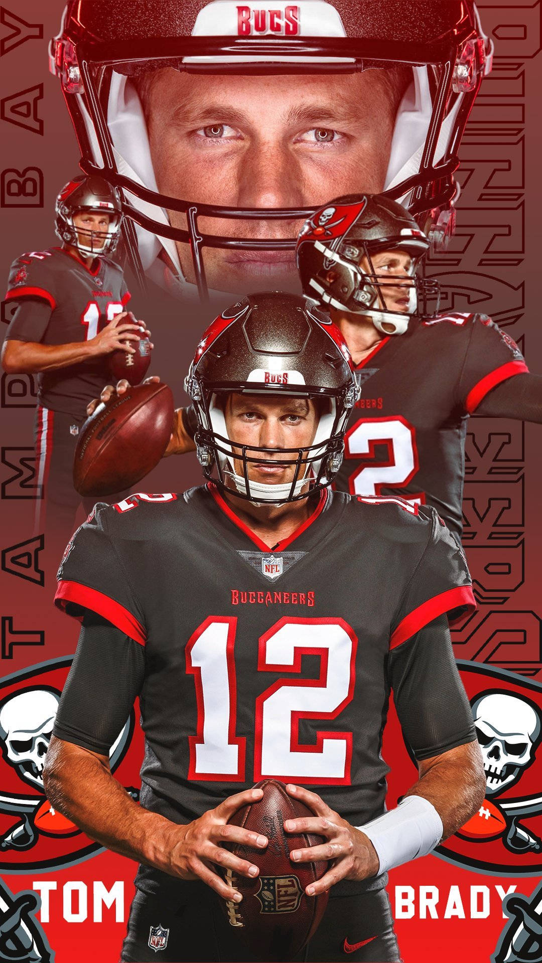 湯姆·布雷迪黑色坦帕灣海盜隊 壁紙 — Tom Brady 身穿坦帕灣海盜隊裝備，手持一個足球，背景為紅色骷髏主題，並有多層肖像疊加。