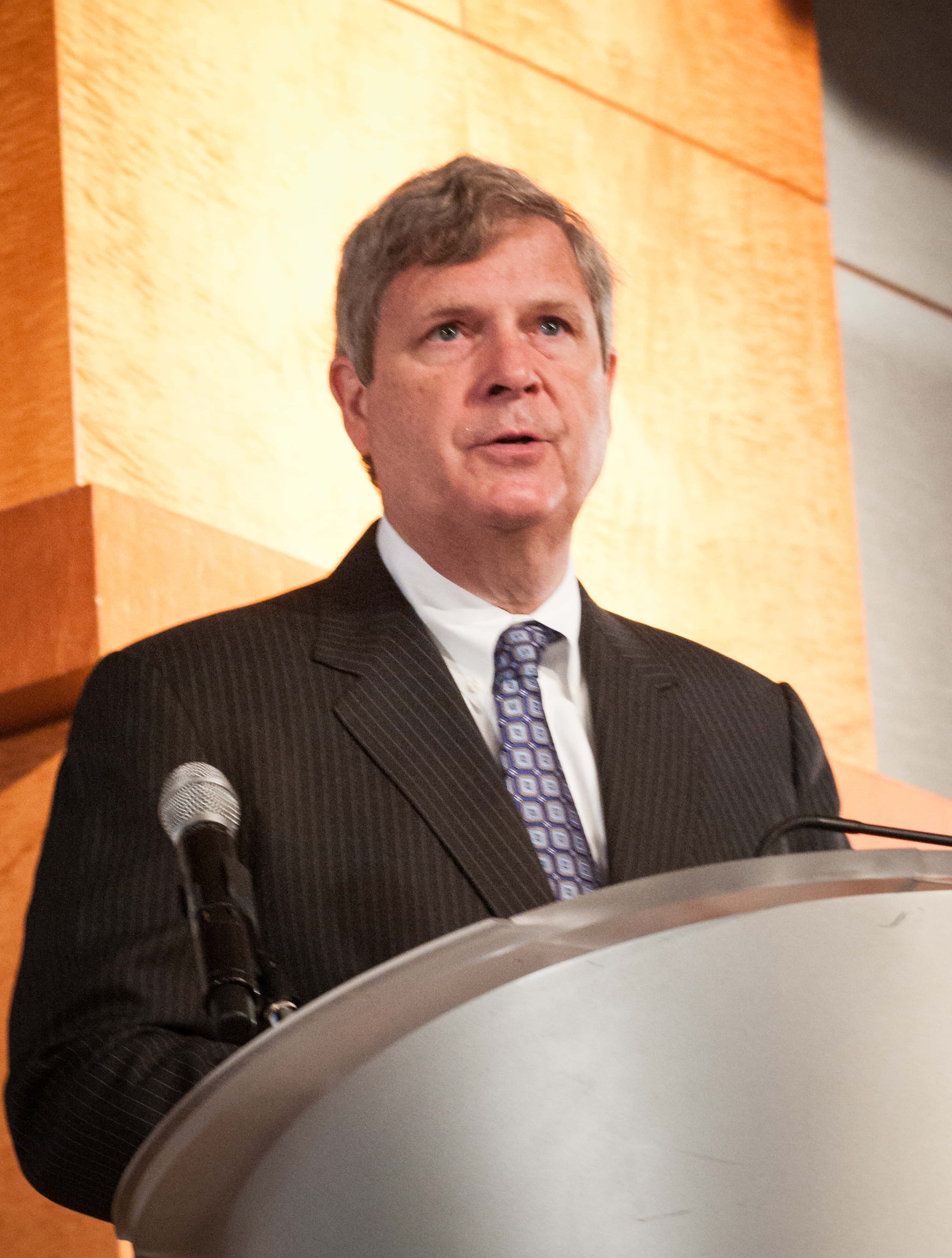 湯姆·維爾薩克在講台上演講 壁紙 — 一名穿著細條紋西裝的男子在講台上對著麥克風發言，背景是溫暖的木質鑲板牆。