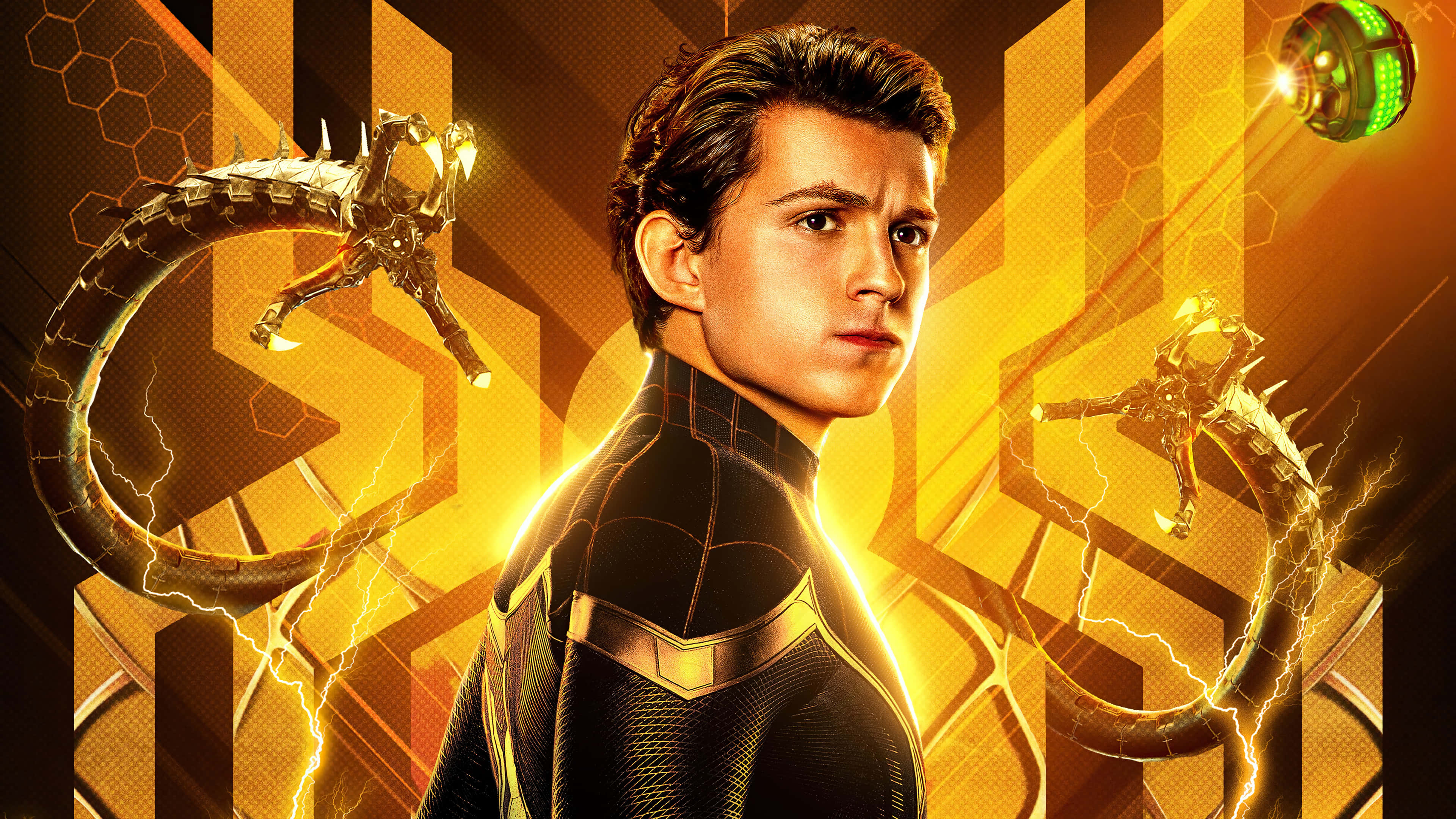 Spider Man No Way Home 桌布 壁紙 — 湯姆·賀倫飾演的蜘蛛俠身穿帶有金色點綴的黑色戰衣，站在一個充滿閃電和機械蜘蛛圖案的動感金色背景前。