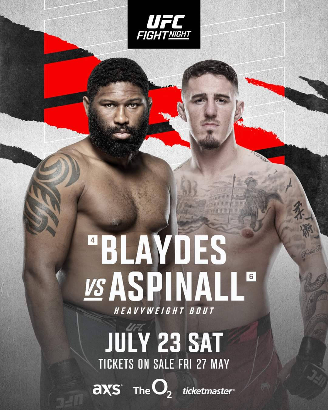 UFC 格鬥海報， featuring Blaydes 對陣 Aspinall 的重量級比賽。