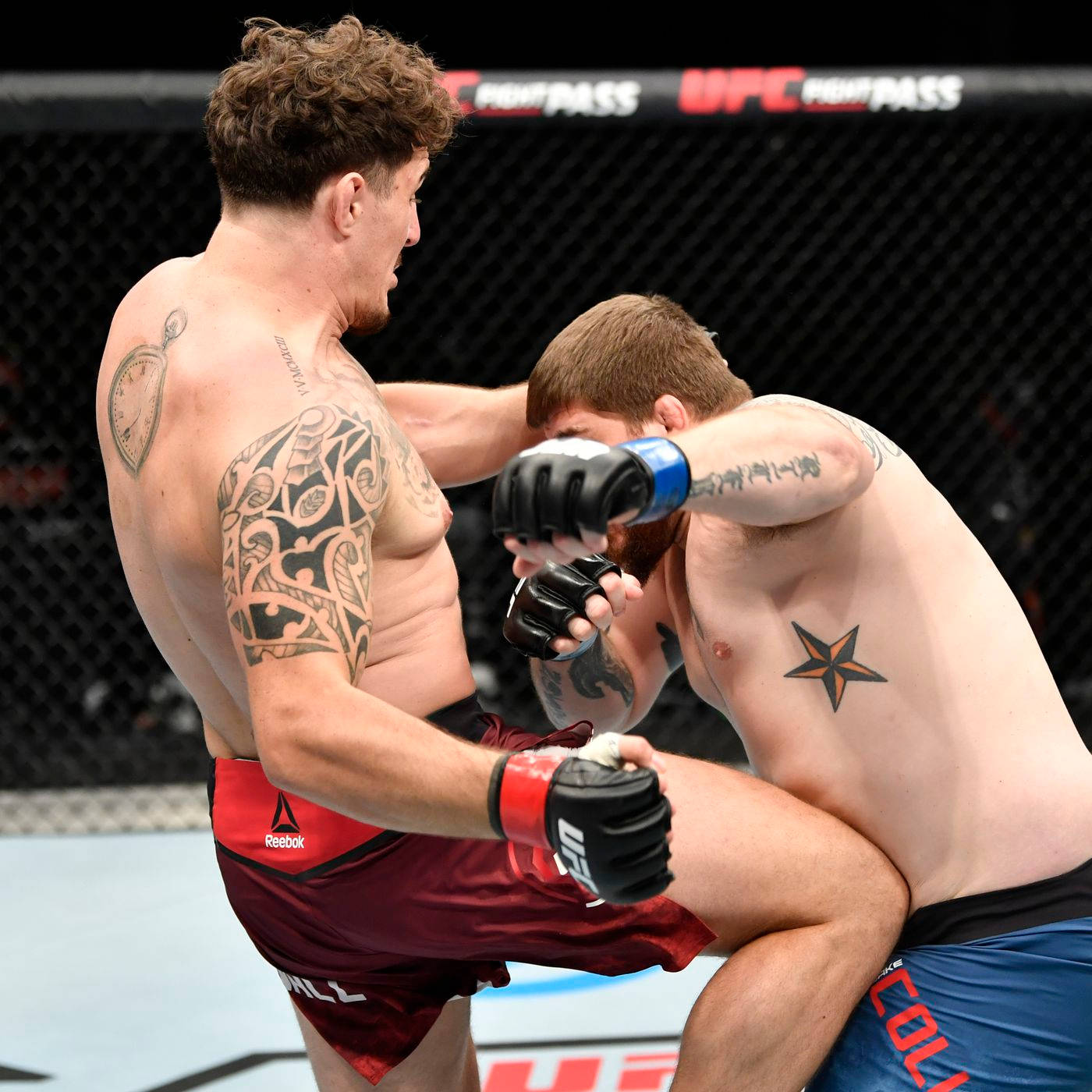 湯姆·阿斯平諾膝擊對手 壁紙 — 兩名紋身MMA拳手在激烈的鐵籠賽中交鋒，其中一人使出高踢，另一人則擋格。