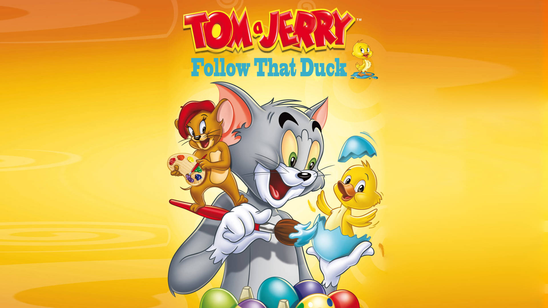 Tom Jerry 和一隻小鴨用畫筆繪畫彩色雞蛋。