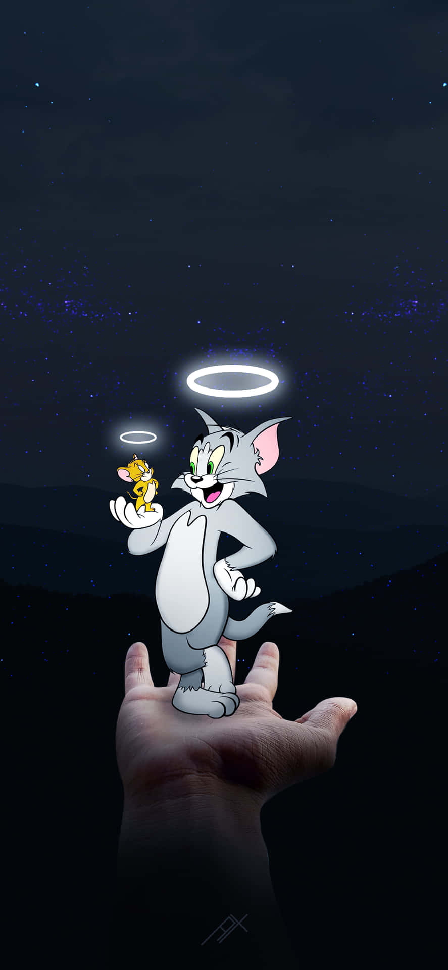 湯姆和傑瑞化身天使，在繁星點點的夜空背景下漂浮在手掌上方。