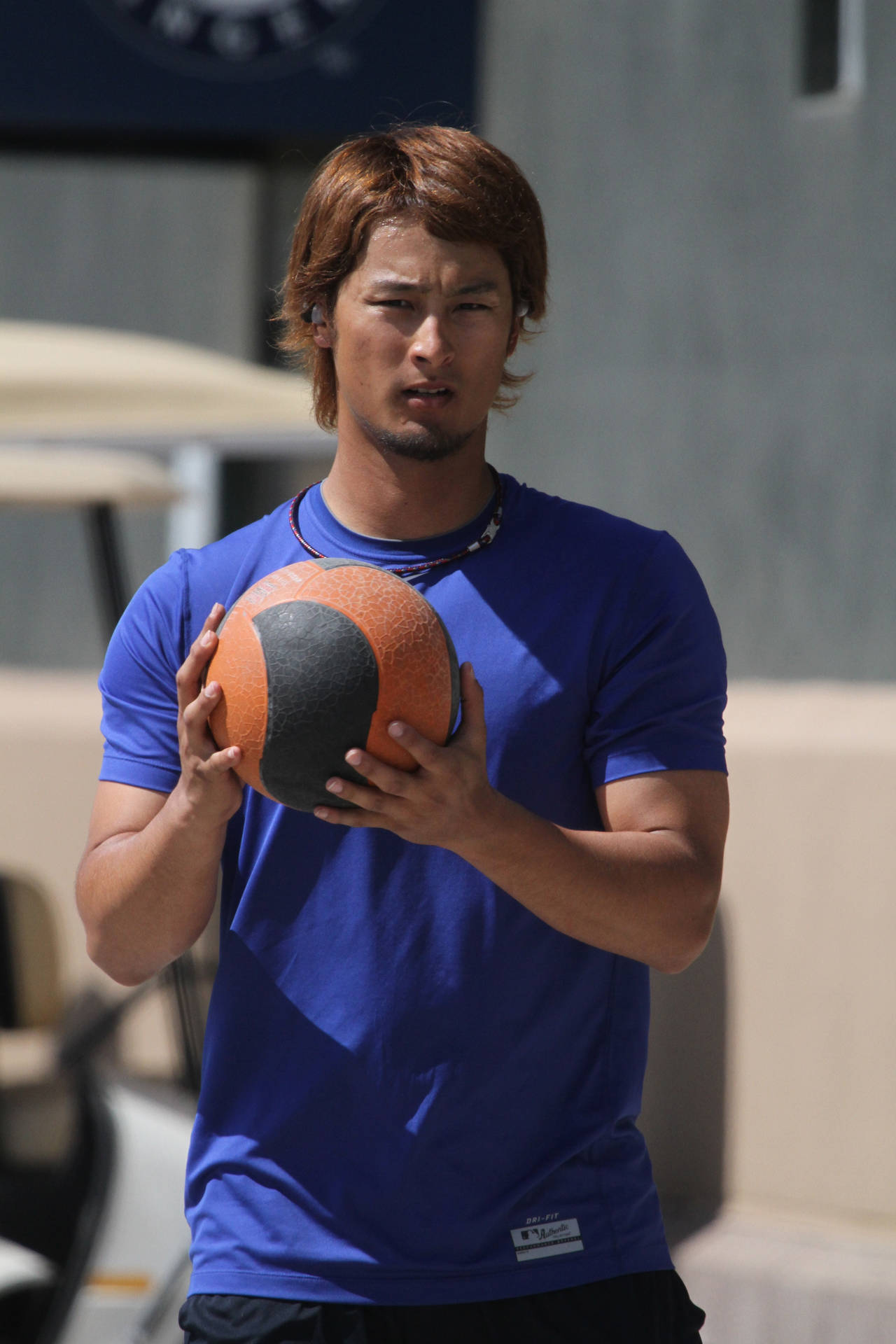 湯瑪士·達比施打排球 壁紙 — 一個穿著藍色恤衫嘅男人喺戶外陽光普照下，專注咁揸住一個藥球。