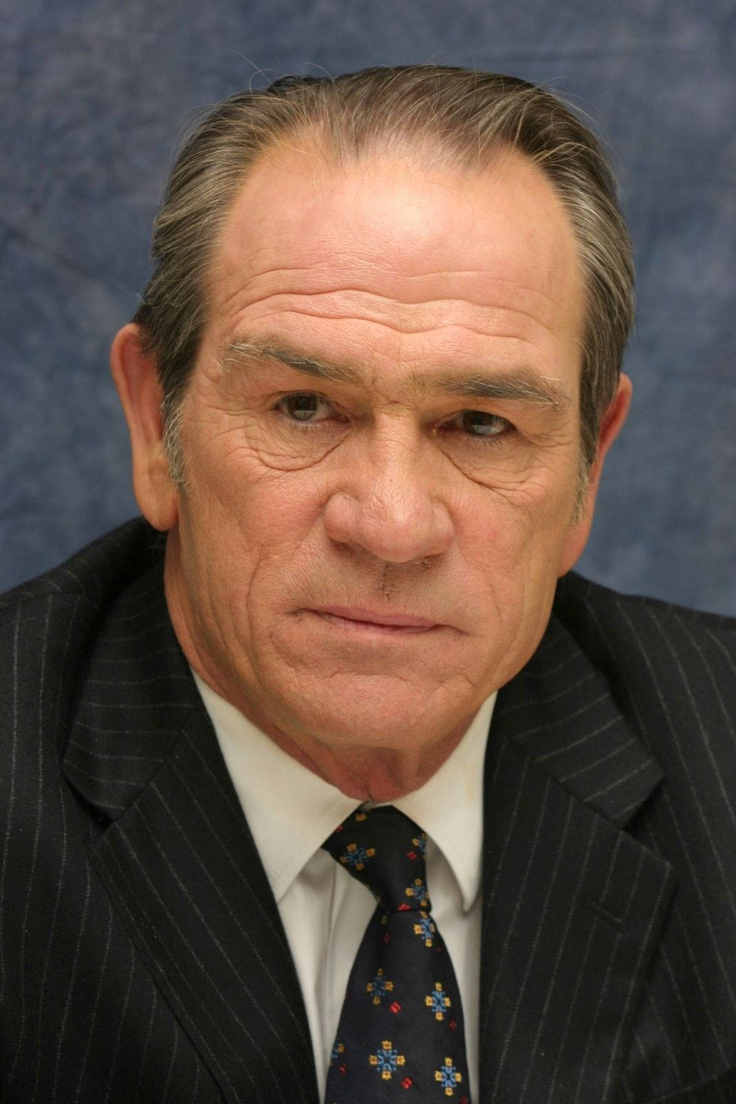 嚴肅年長男士的特寫，身穿細條紋西裝和圖案領帶。