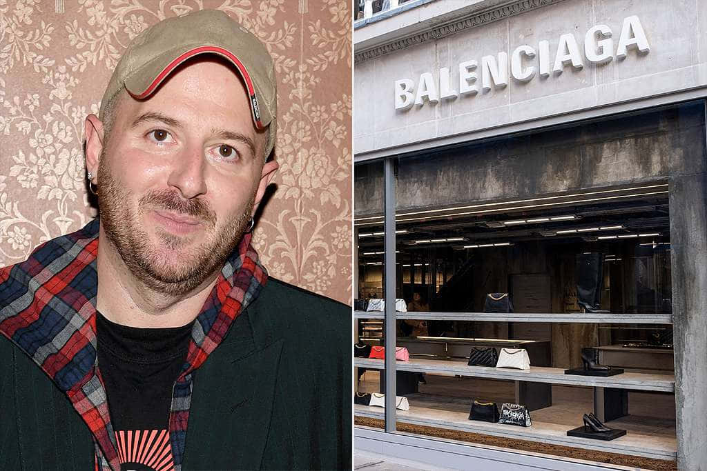 戴帽子和格子圍巾的男子，旁邊是 Balenciaga 商店櫥窗和手袋。