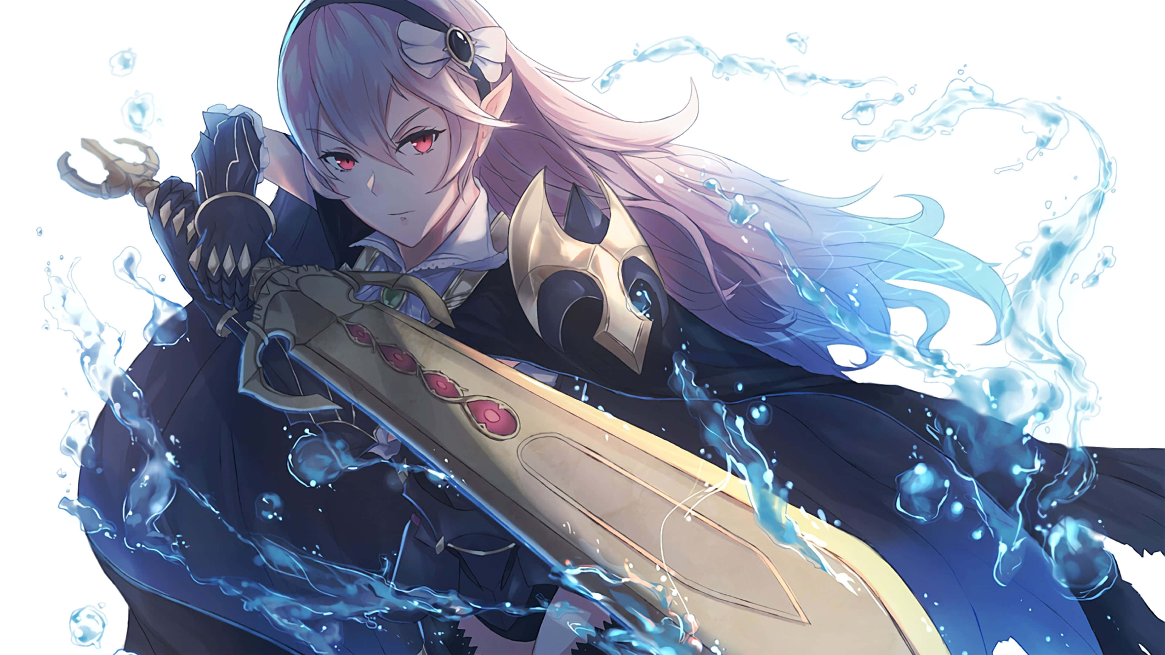 「準備你的部隊迎戰 - 《火焰之紋章：風花雪月》」 壁紙 — 一個堅定的動漫女孩，紫色頭髮和紅色眼睛，揮舞著一把發光的劍，周圍是動態的藍色水花。