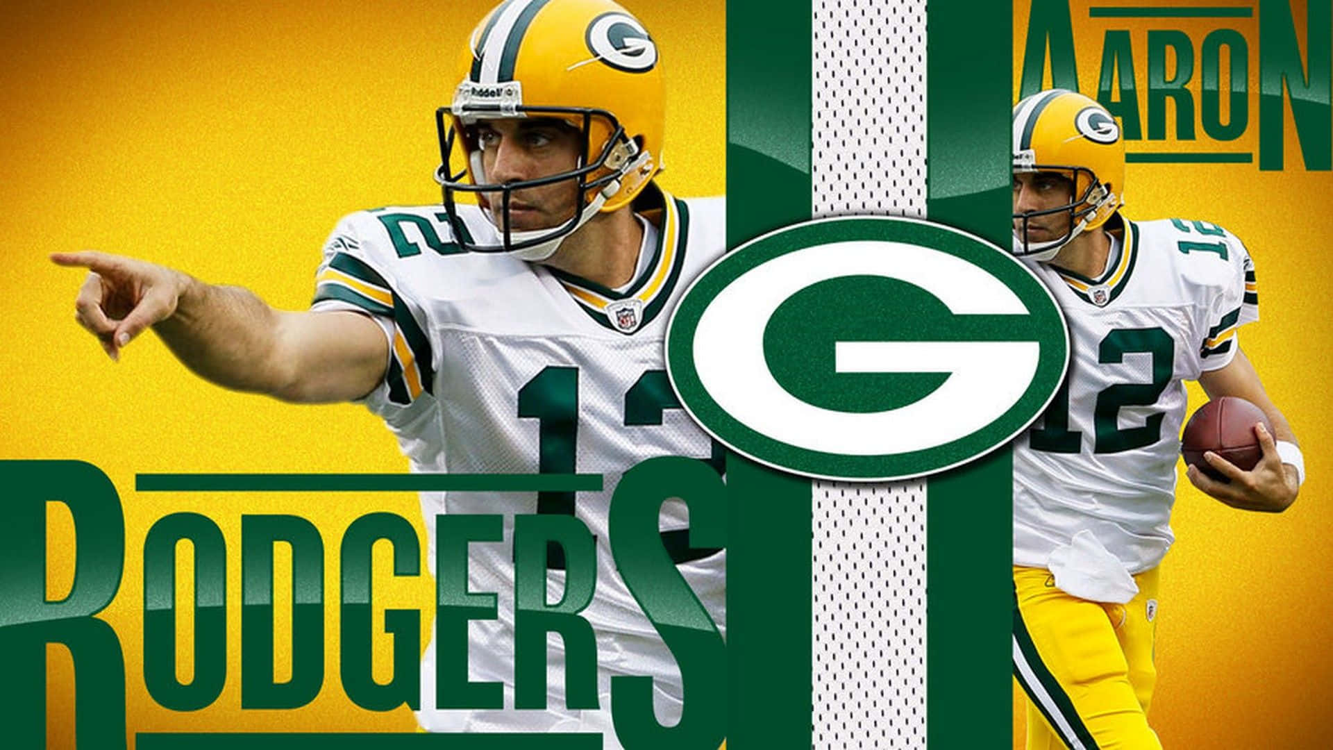 Aaron Rodgers 身穿綠灣包裝工隊制服，指著並拿著一個橄欖球。