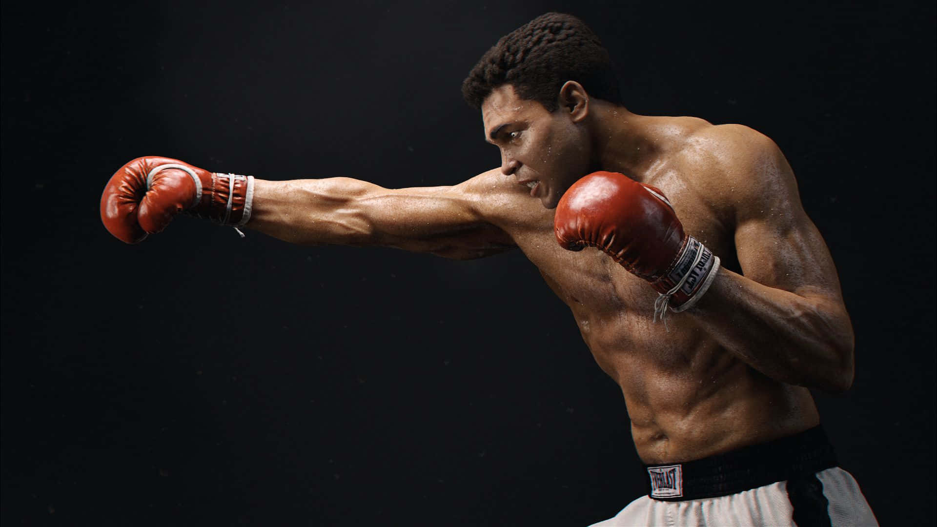 「準備出拳！」 壁紙 — 一位肌肉發達的拳擊手戴著紅色手套，在黑暗背景下打出強力一拳，汗珠清晰可見。