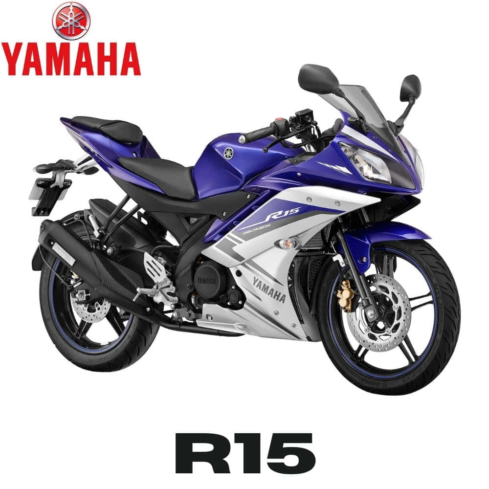 準備出發！ 壁紙 — 一輛時尚的藍白Yamaha R15運動電單車，在工作室拍攝中展示品牌標誌和型號名稱。