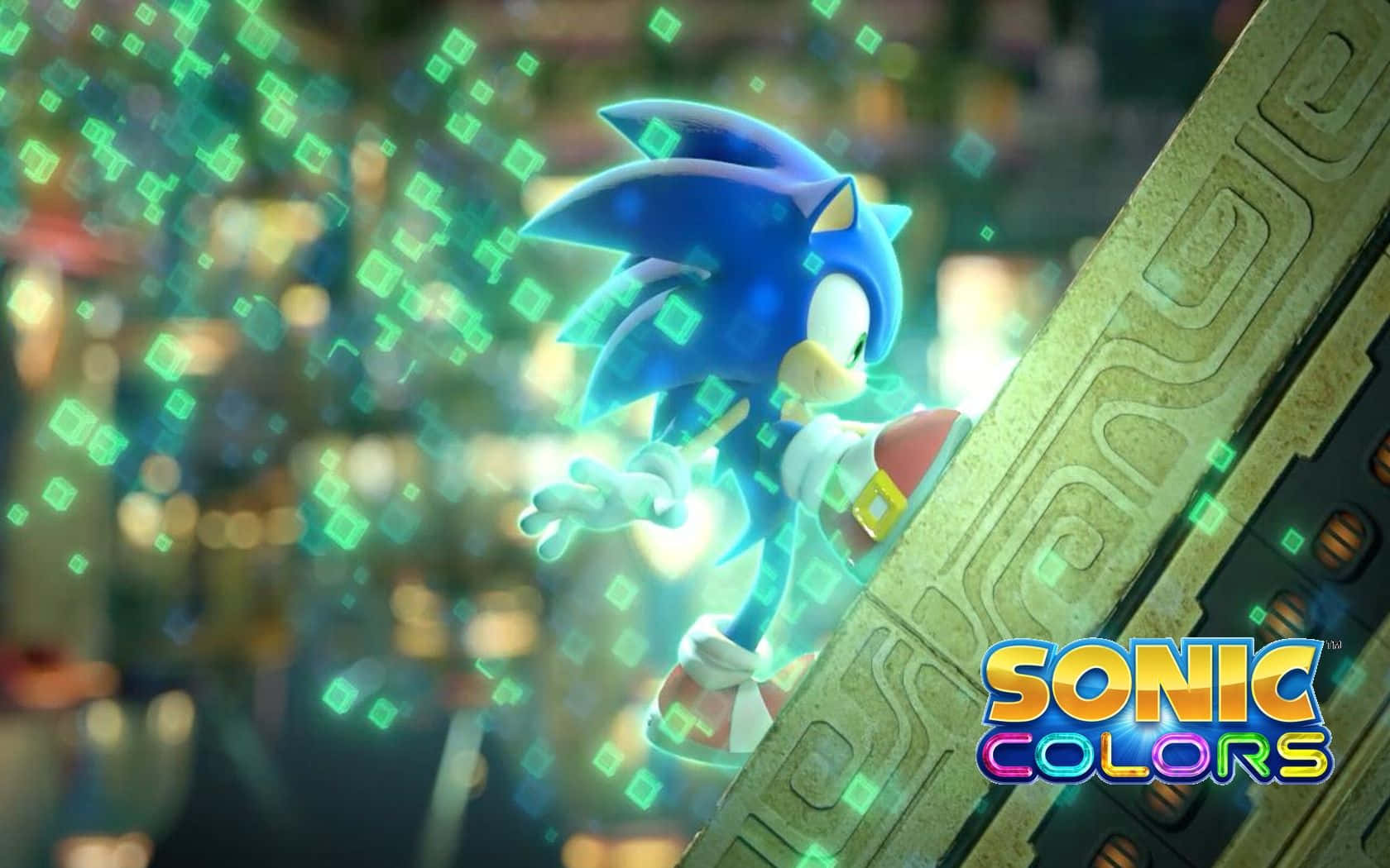 Sonic the Hedgehog 喺發光嘅數碼城市中高速奔馳，帶有綠色像素效果。