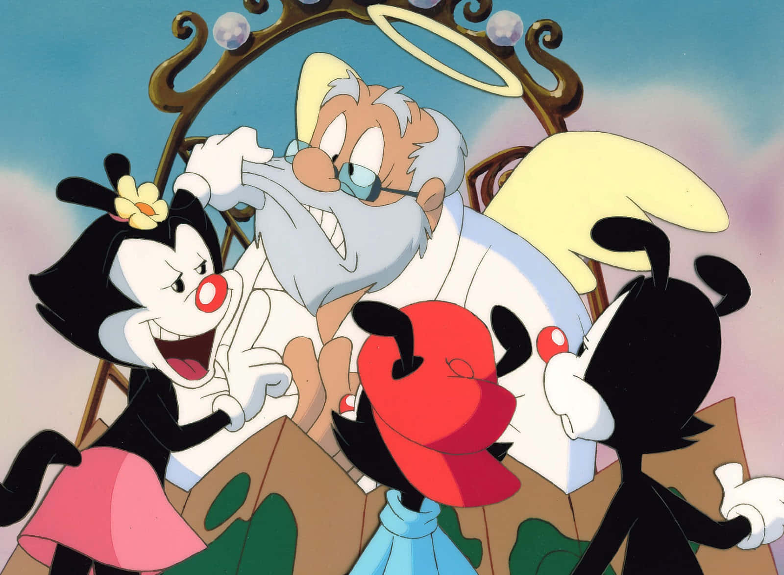 準備加入 Wakko、Yakko 和 Dot 的最新冒險 壁紙 — 經典卡通角色，包括一位天使和兩隻頑皮的黑貓，在異想天開的戶外場景中歡快地大笑。