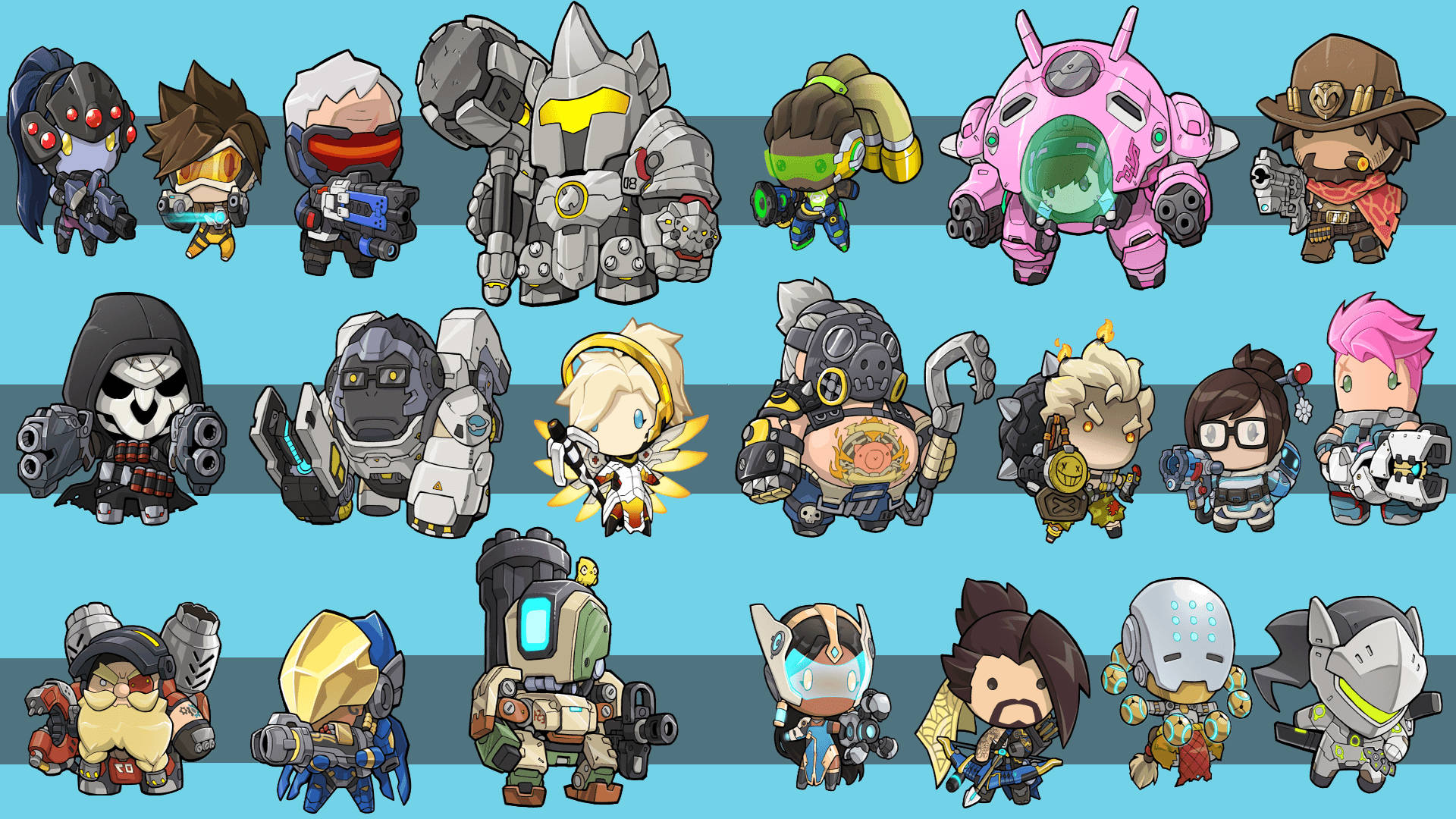藍色條紋網格上嘅Q版Overwatch角色。
