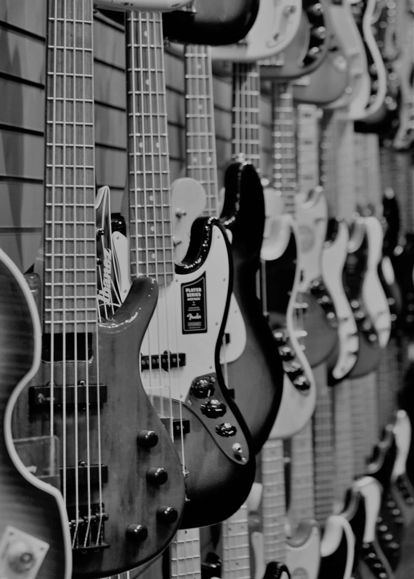 一排電結他和低音結他掛在音樂商店的牆上。