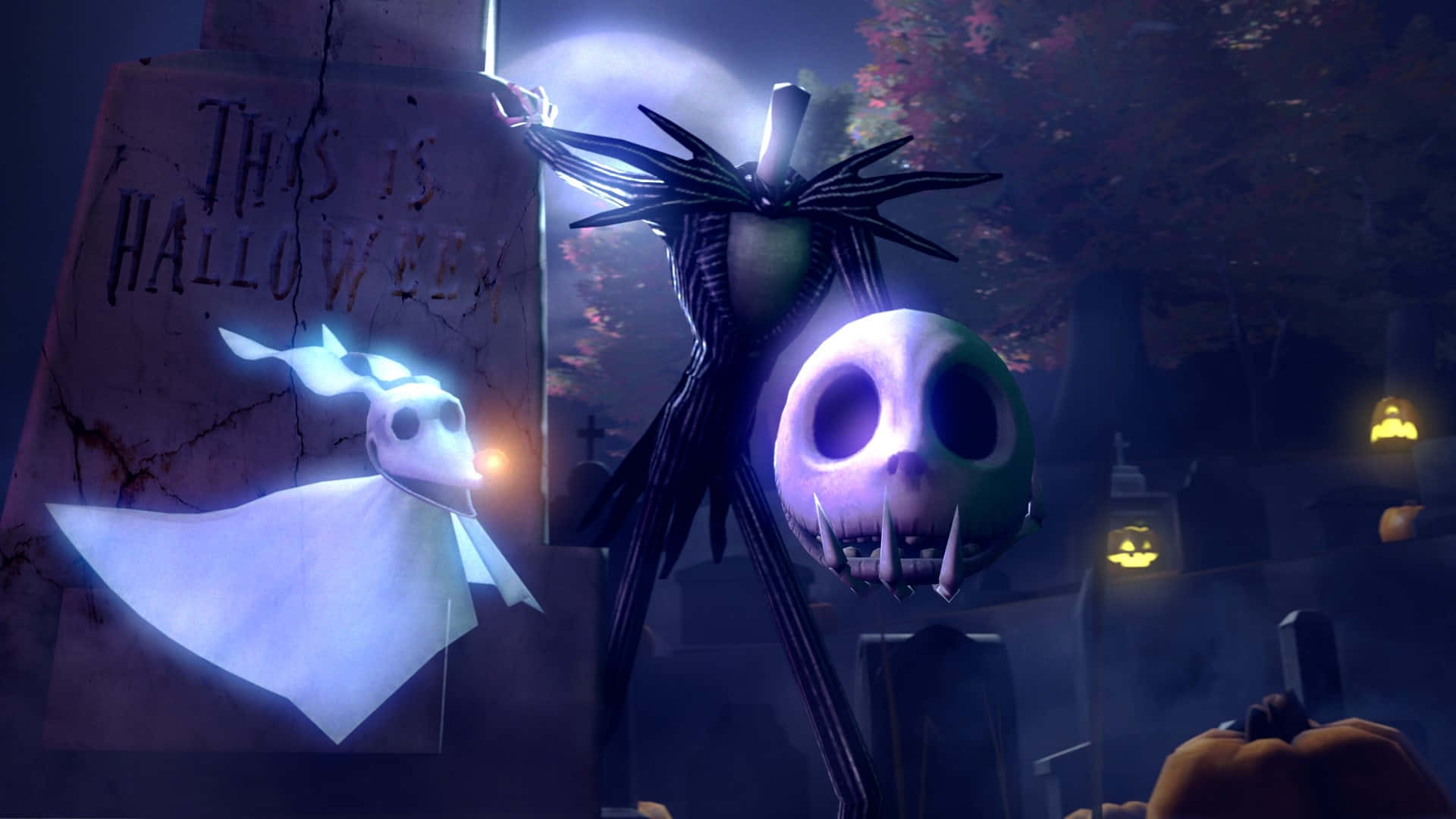 Jack Skellington 和他的幽靈狗 Zero 在萬聖節夜晚的墓地中。