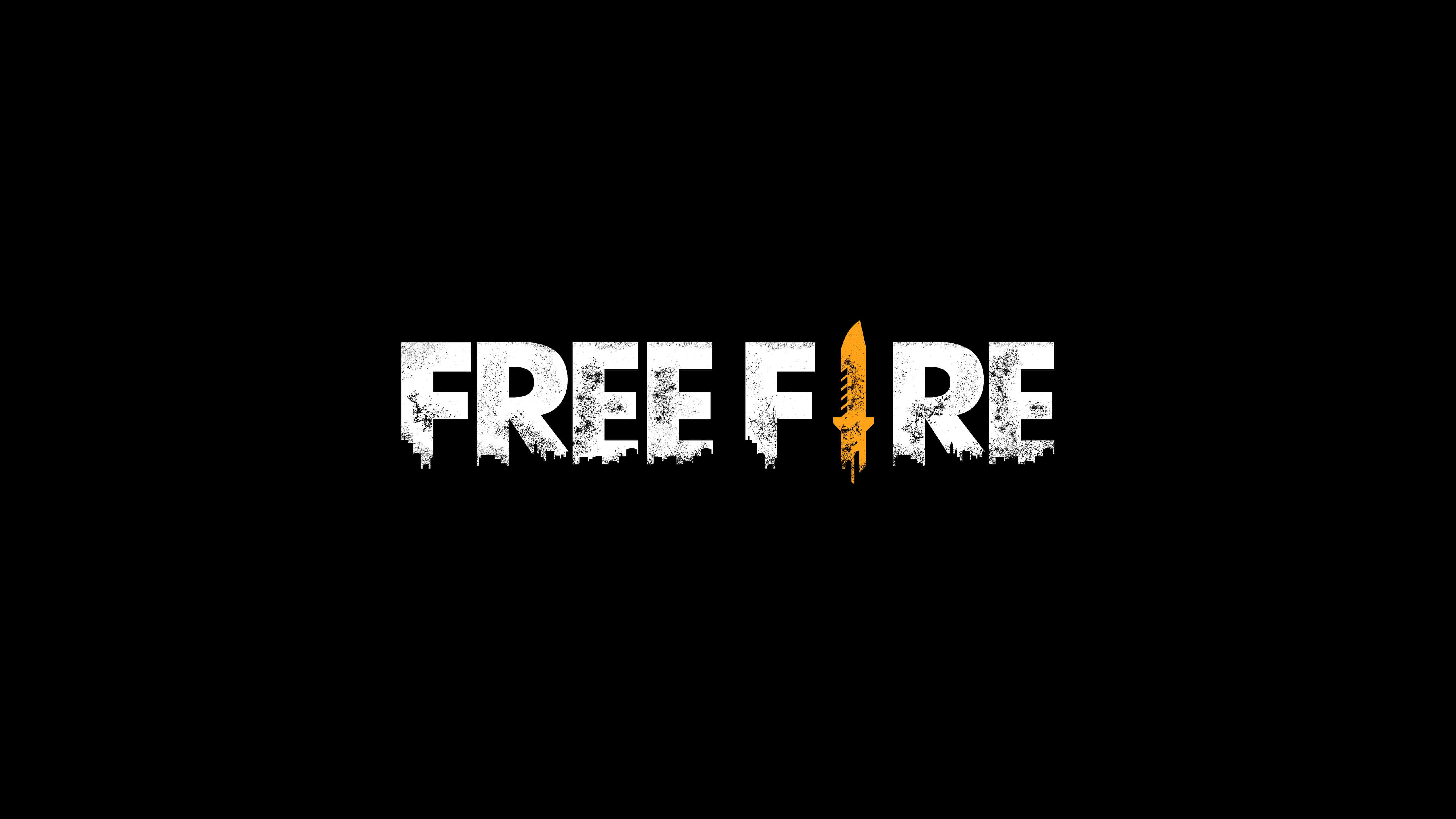 準備在《Free Fire》的熾熱戰場中領軍作戰 壁紙 — 粗體白色磨損文字顯示「FREE FIRE」，並以發光的橙色刀取代字母 I，背景為黑色。