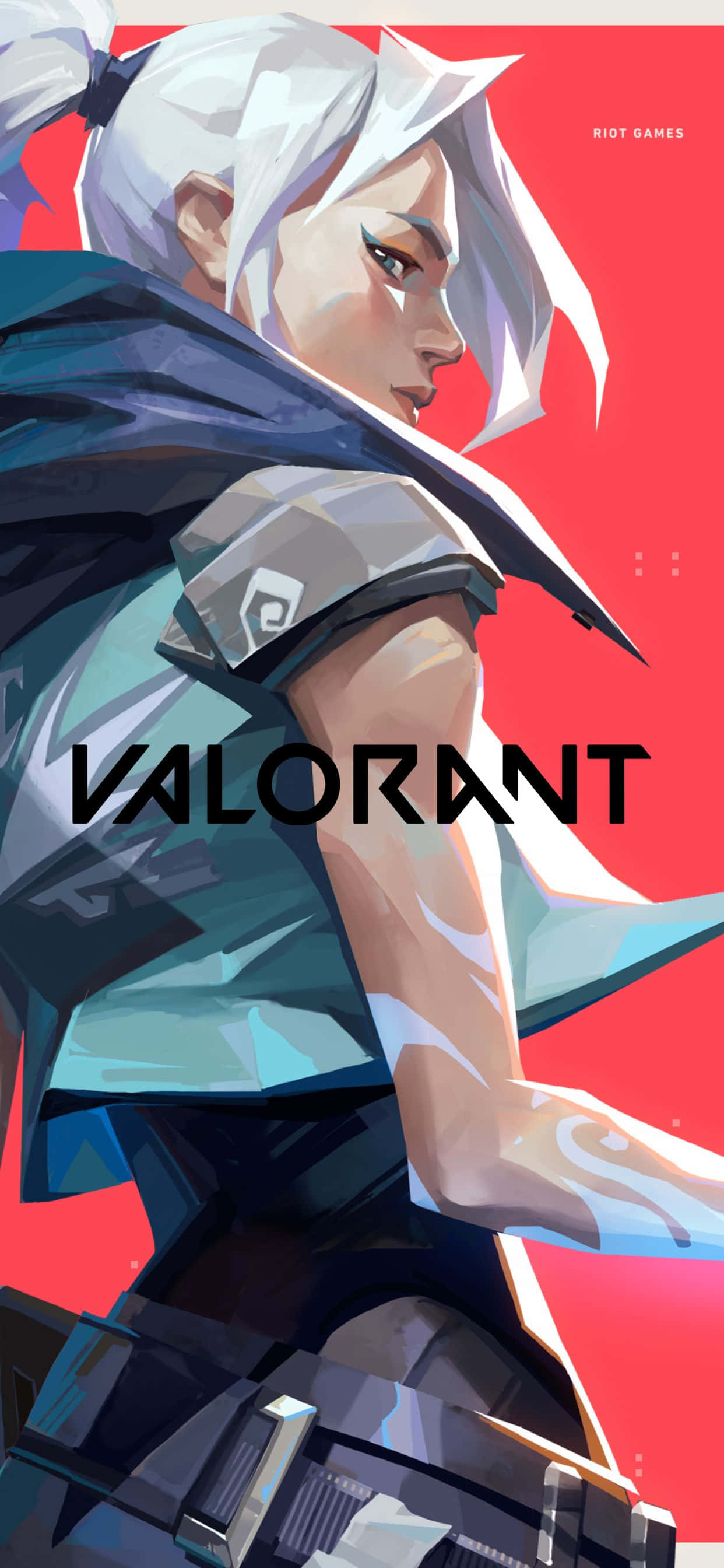 準備在 iPhone Xs Max 上玩《Valorant》 壁紙 — 一個風格化的Valorant角色，白髮和戰術裝備，站在大膽的紅色背景前。