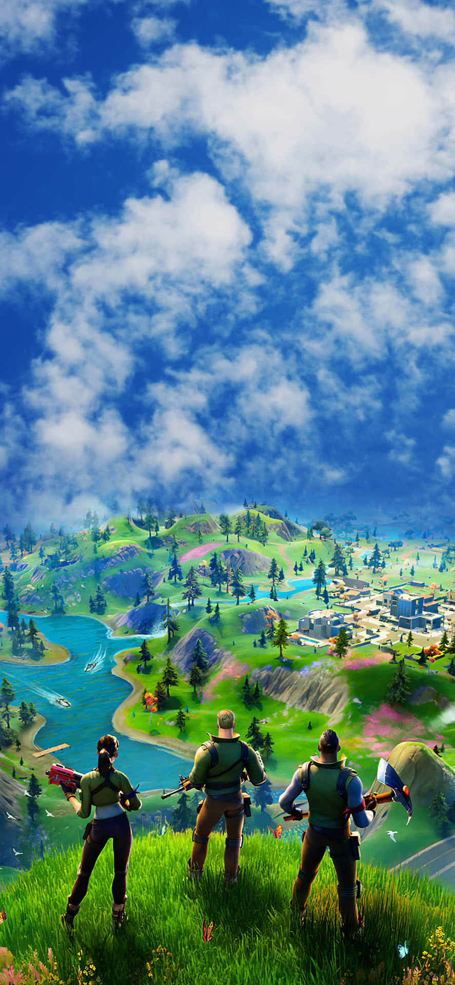 三個 Fortnite 玩家俯瞰著一個色彩繽紛的山谷，山谷中有河流和城鎮。
