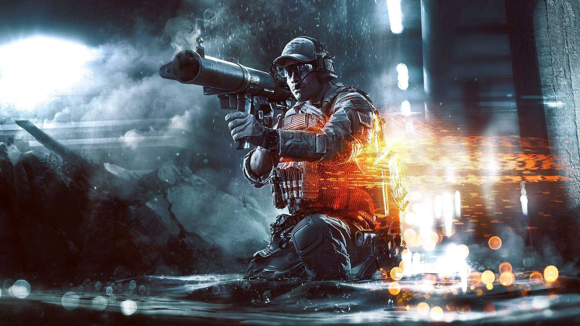 士兵在淹水的城市戰場夜間發射火箭炮。