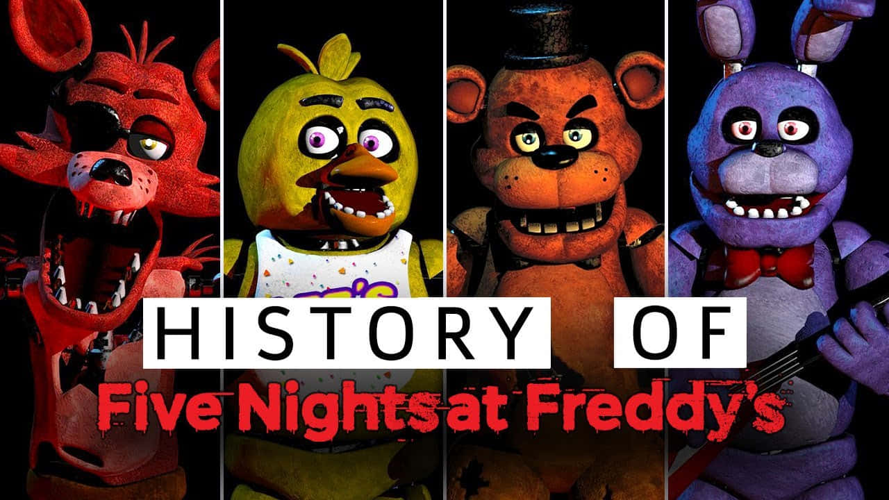 四個來自《Five Nights at Freddy's》的可怕電子動畫角色，眼睛發光。