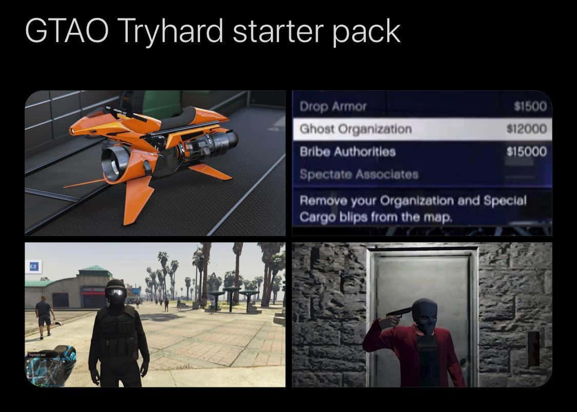 準備在GTA中全力以赴！ 壁紙 — 一張GTA Online迷因拼貼圖，展示橙色噴射機車、帶有「幽靈組織」選項的選單、城市街道上的蒙面角色，以及一名蒙面男子瞄準槍支。