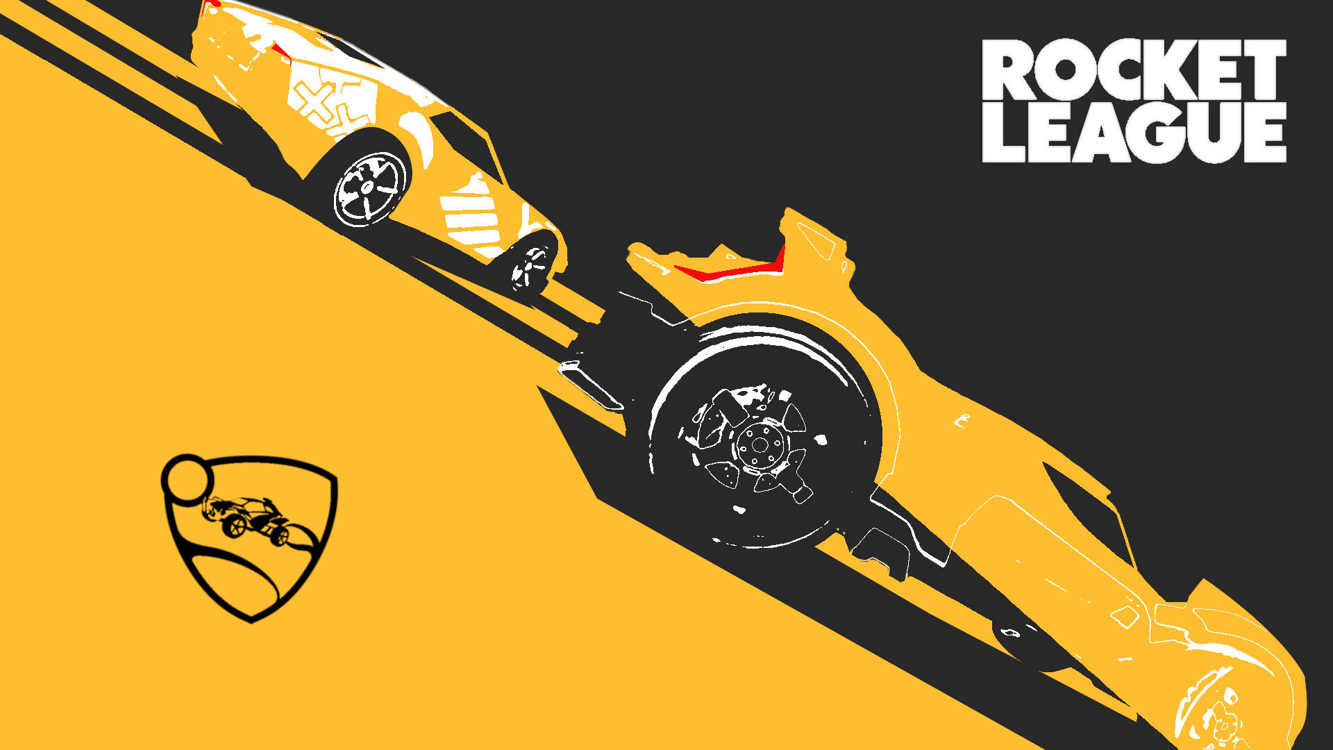 準備在Rocket League中射門得分 壁紙 — 兩輛風格化的黃色賽車在帶有Rocket League標誌的醒目黃黑背景上對角線競速。